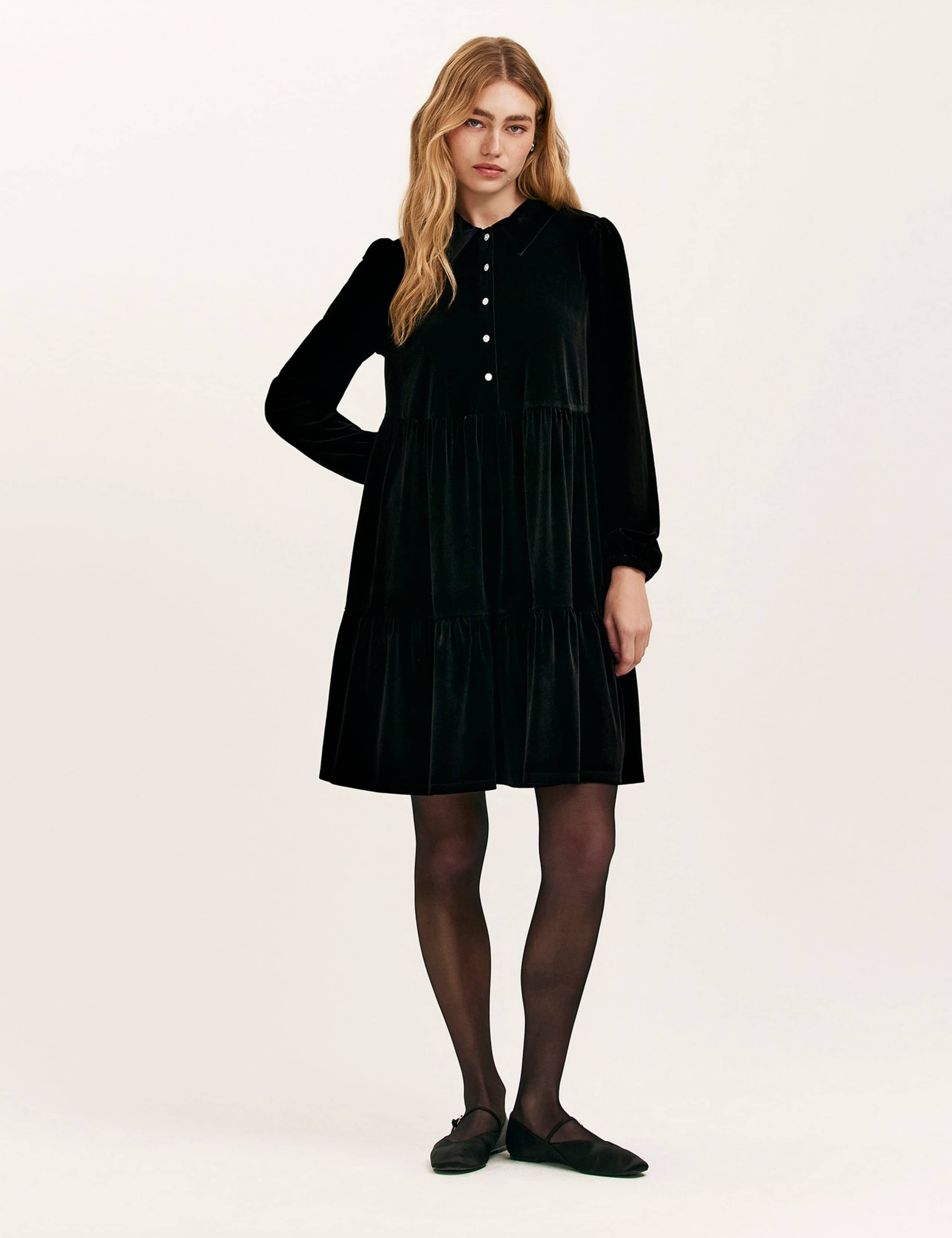 Velvet Collared Knee Length Shirt Dress