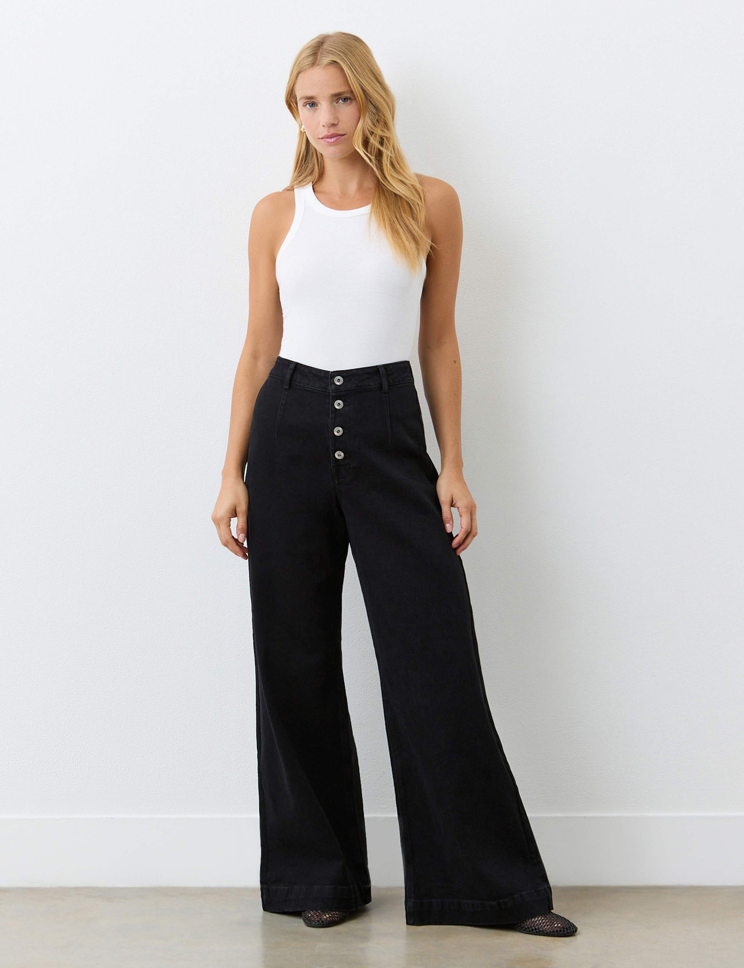 High Waisted Button Front Wide Leg Jeans