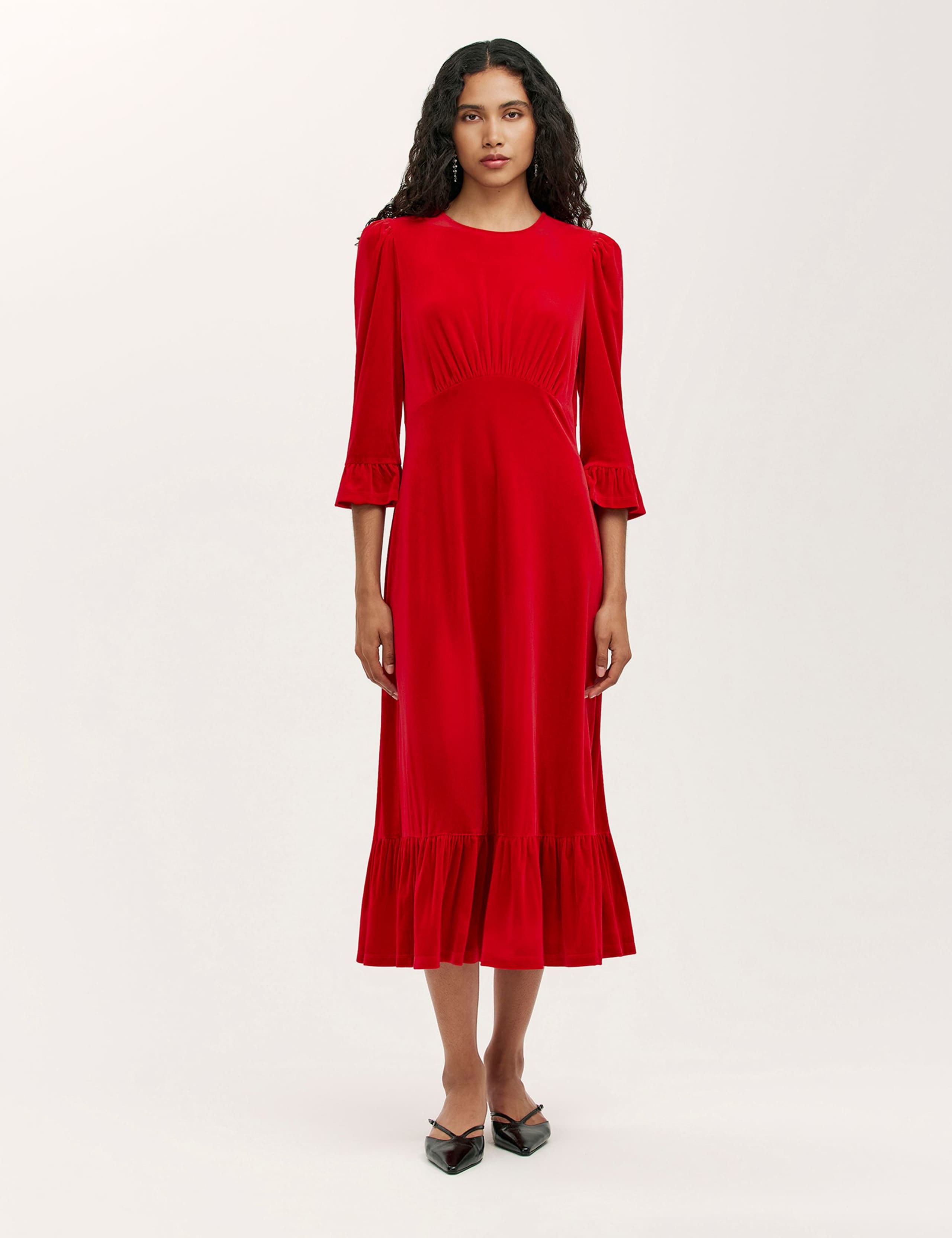 Velvet Frill Sleeve Midi Tea Dress