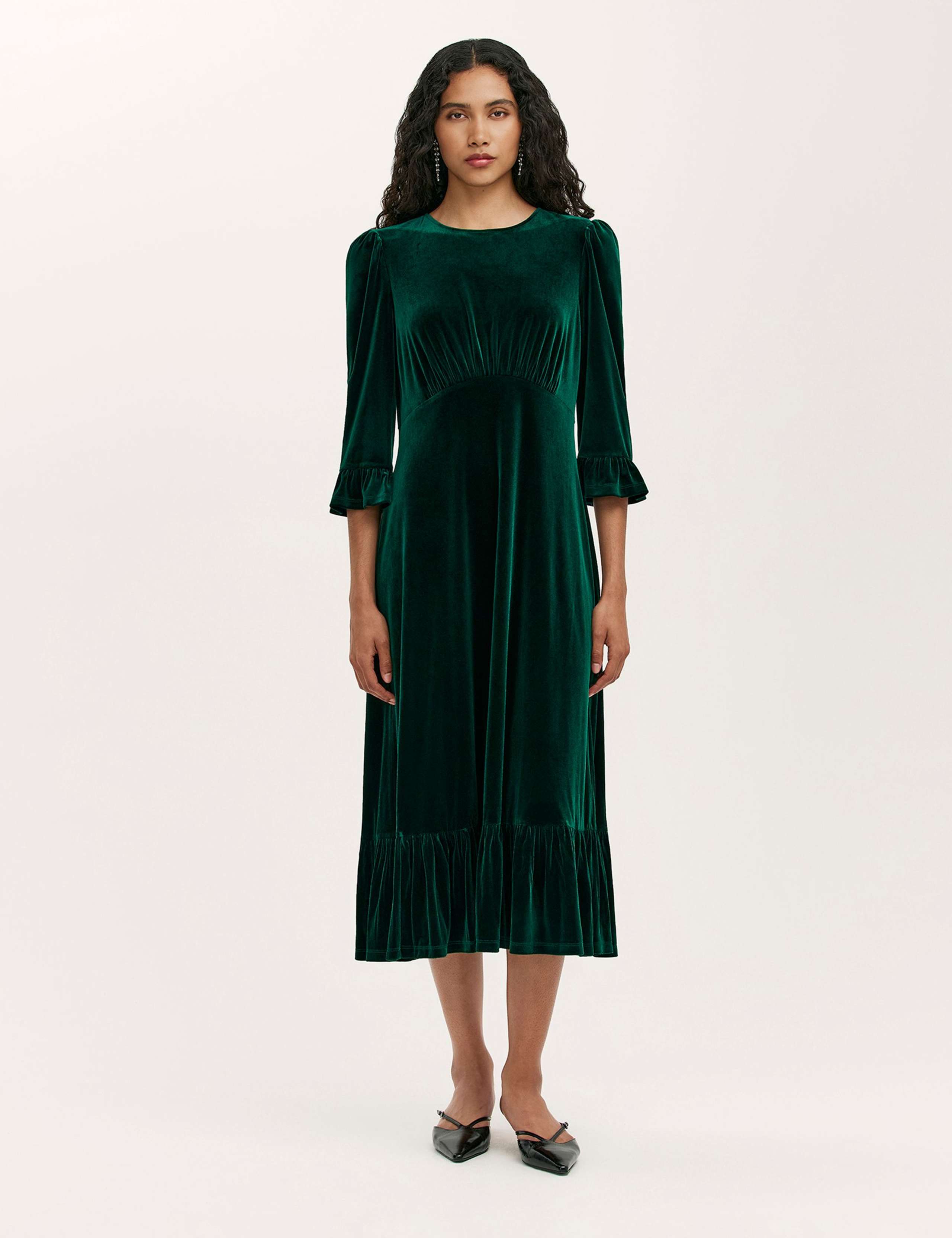 Velvet Frill Sleeve Midi Tea Dress
