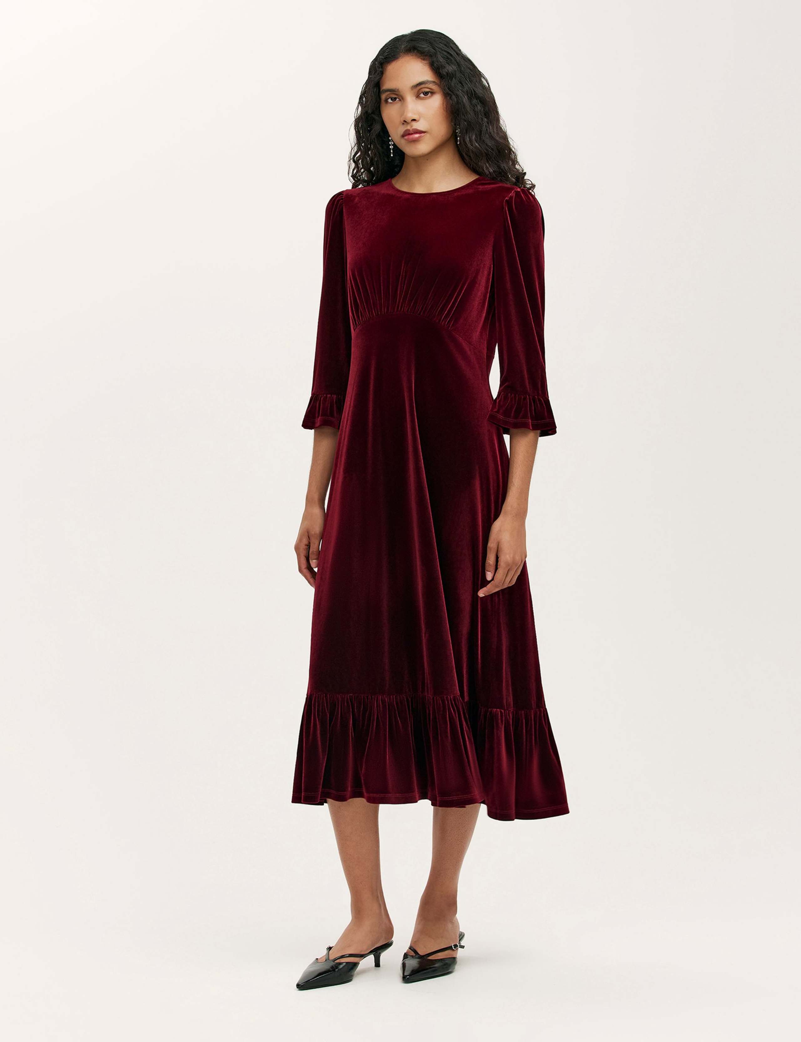 Velvet Frill Sleeve Midi Tea Dress