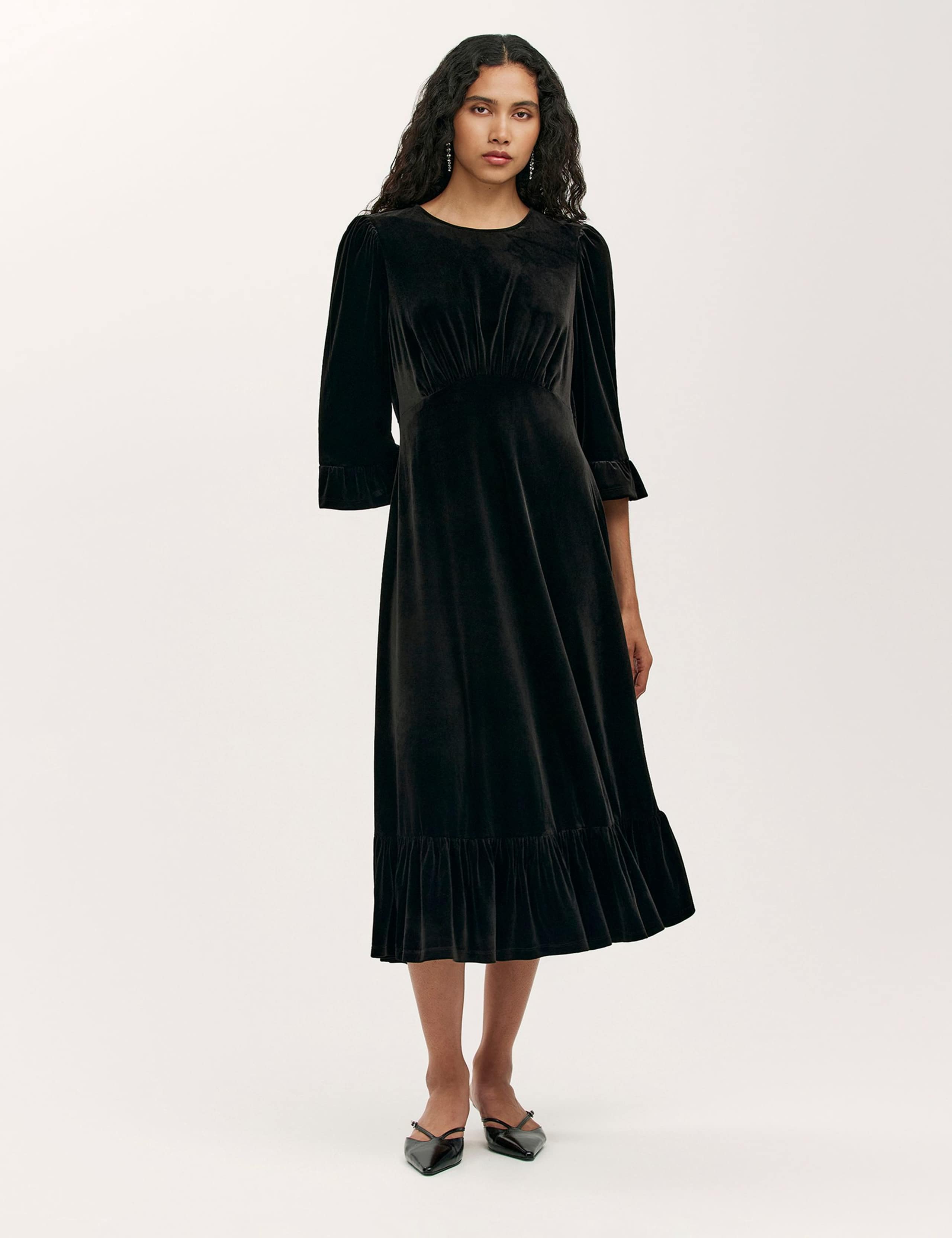 Velvet Frill Sleeve Midi Tea Dress