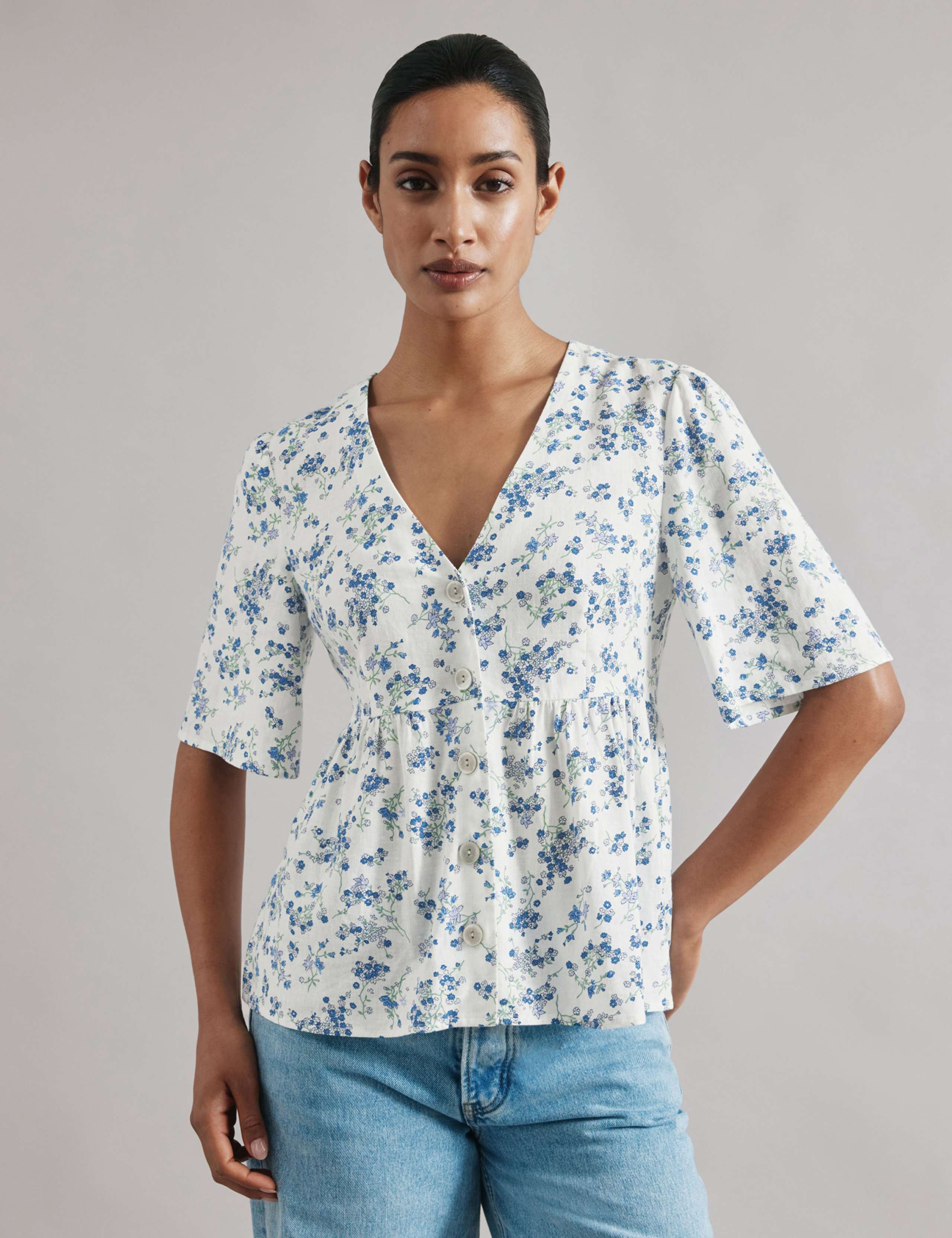Liinen Blend Blossom Print Button Through Top