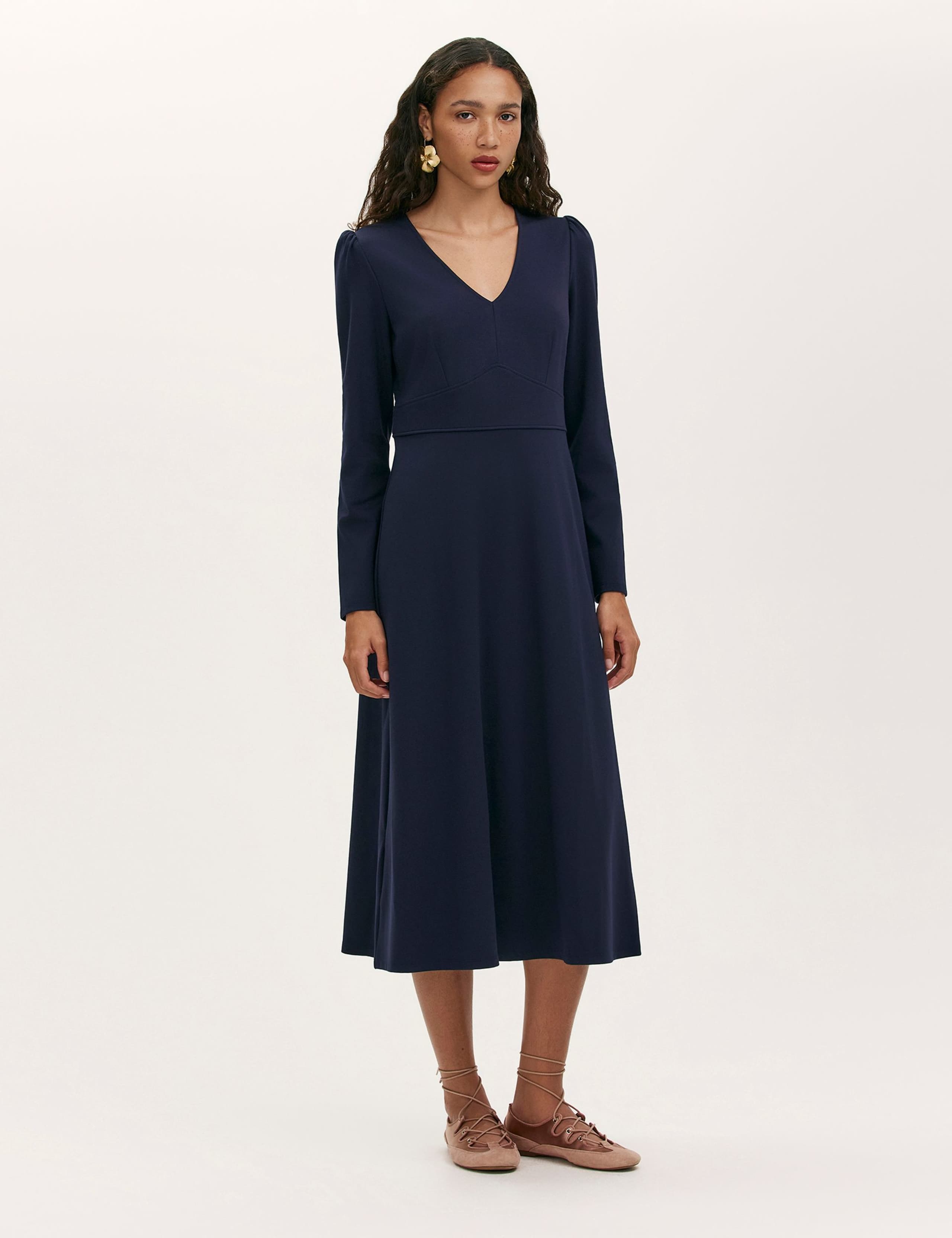 Ponte Jersey V-Neck Midi Waisted Dress