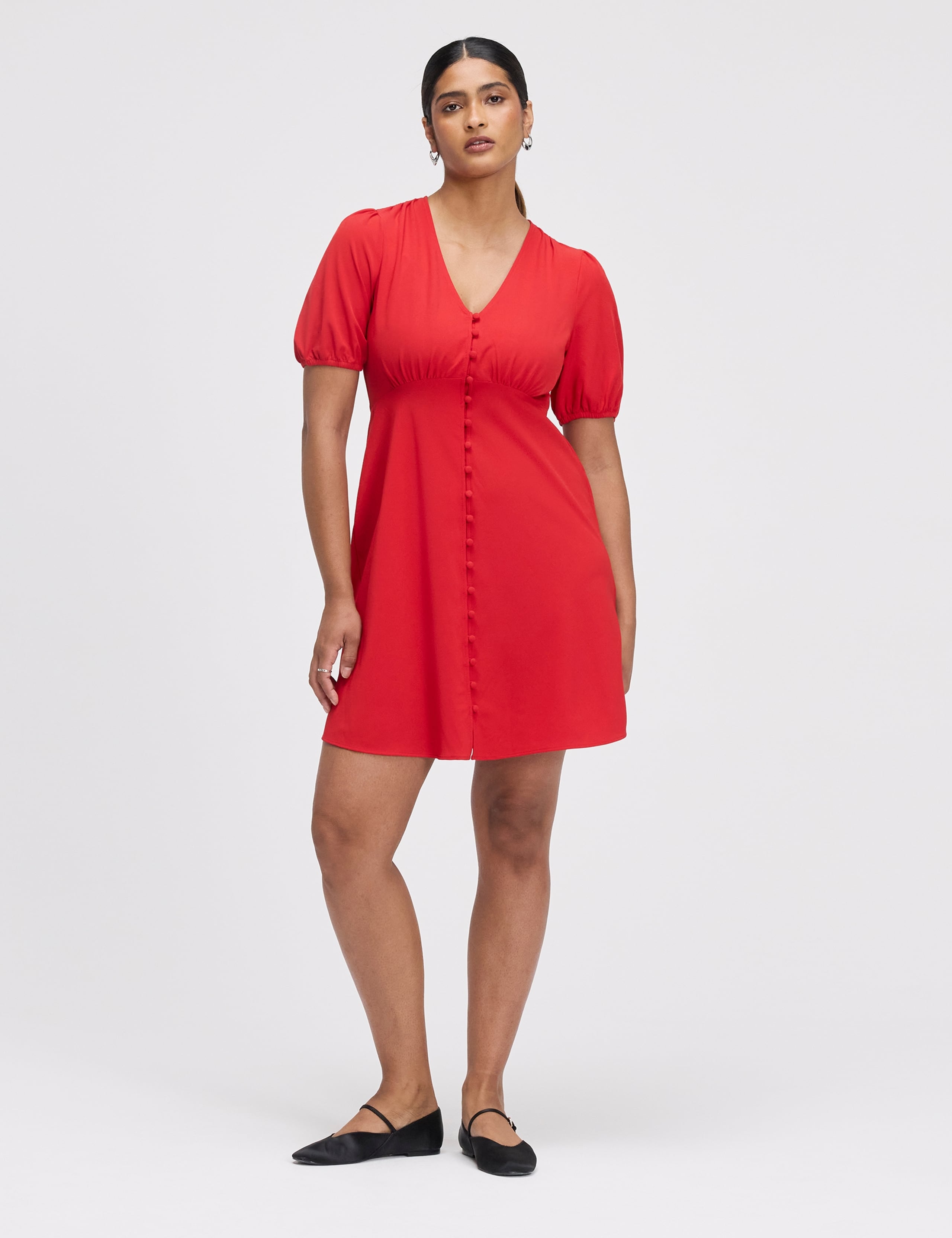 V-Neck Button Through Short Skater Dress