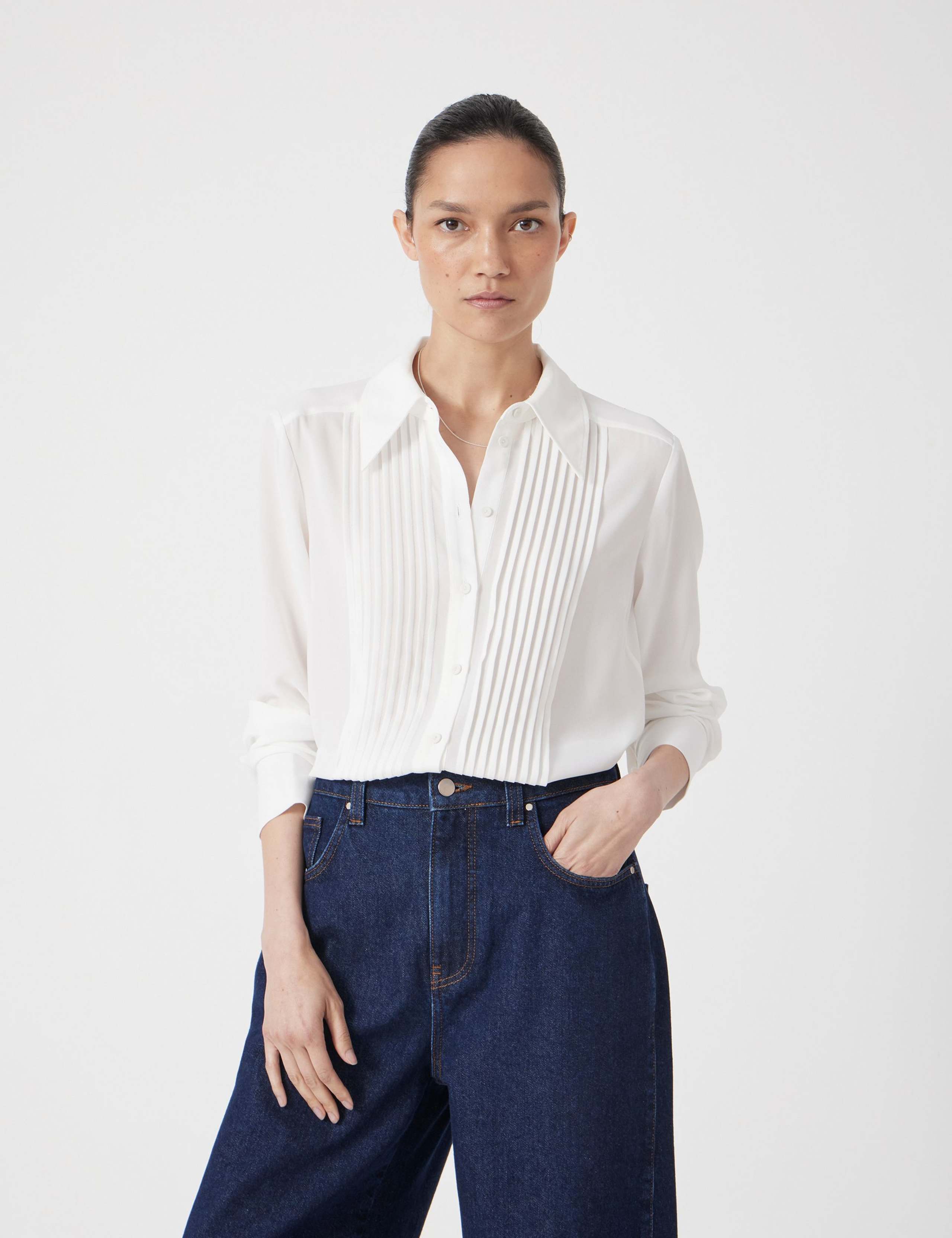 Sheer Chiffon Collared Pintuck Tuxedo Shirt