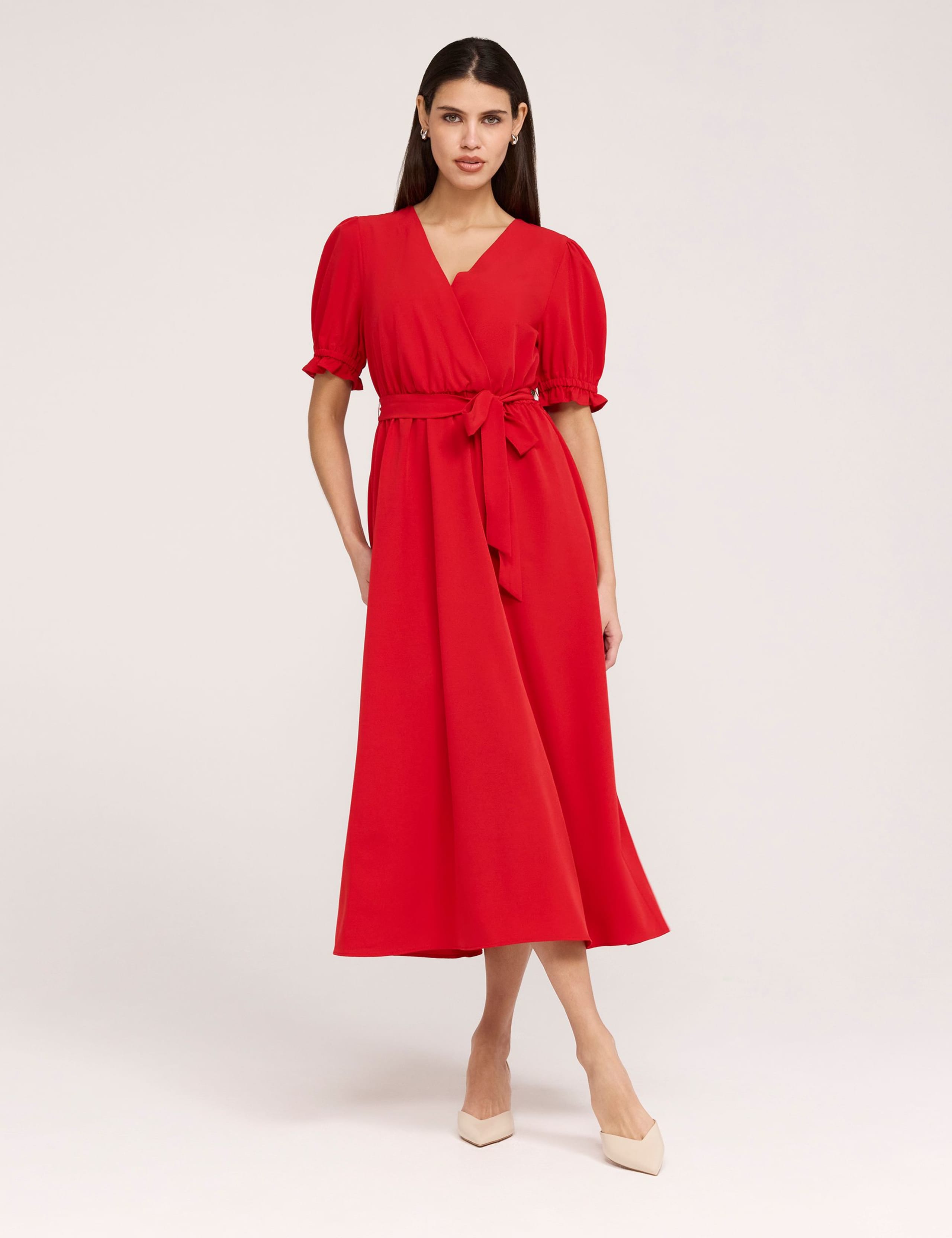 V-Neck Tie Waist Midi Faux Wrap Dress
