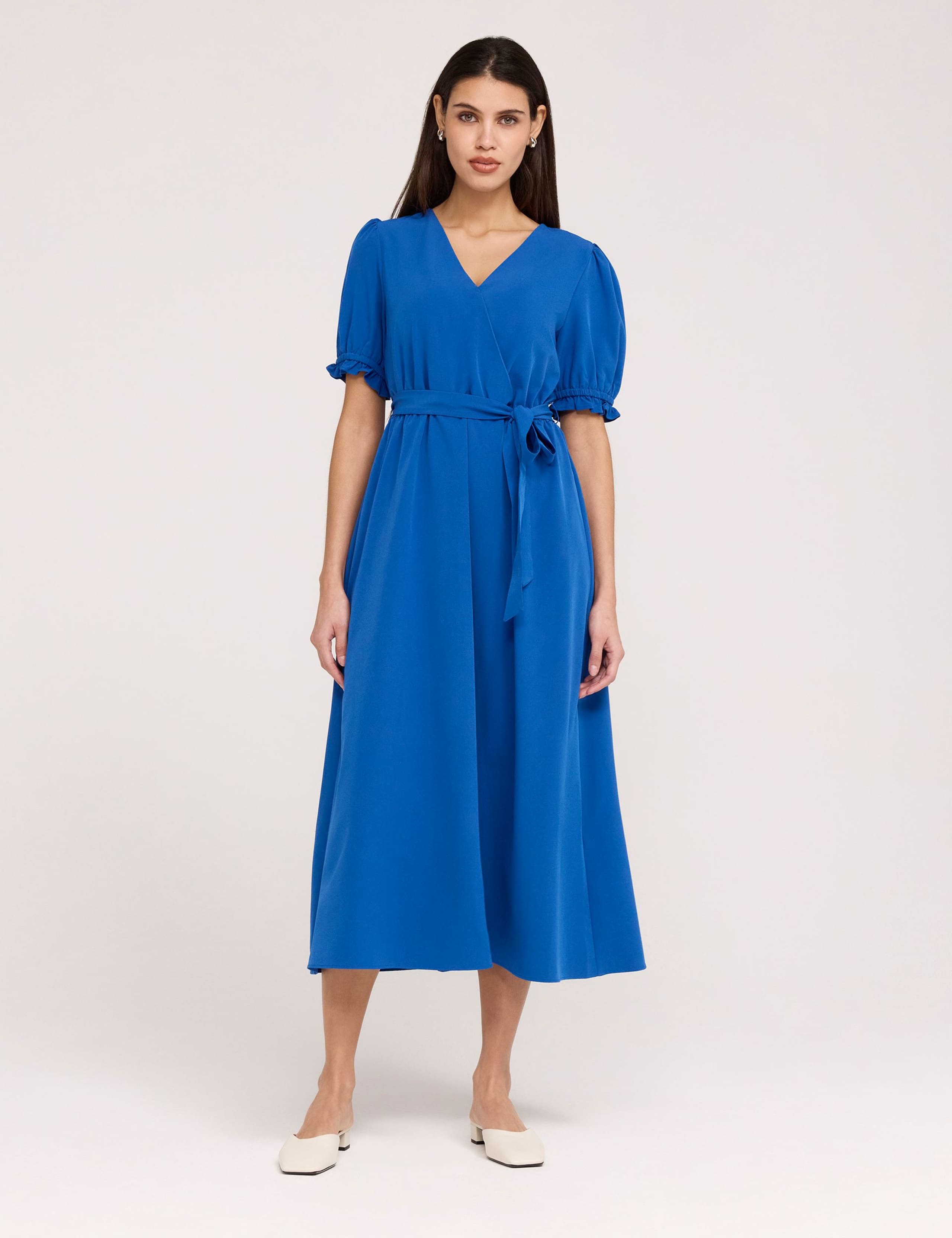 V-Neck Tie Waist Midi Faux Wrap Dress