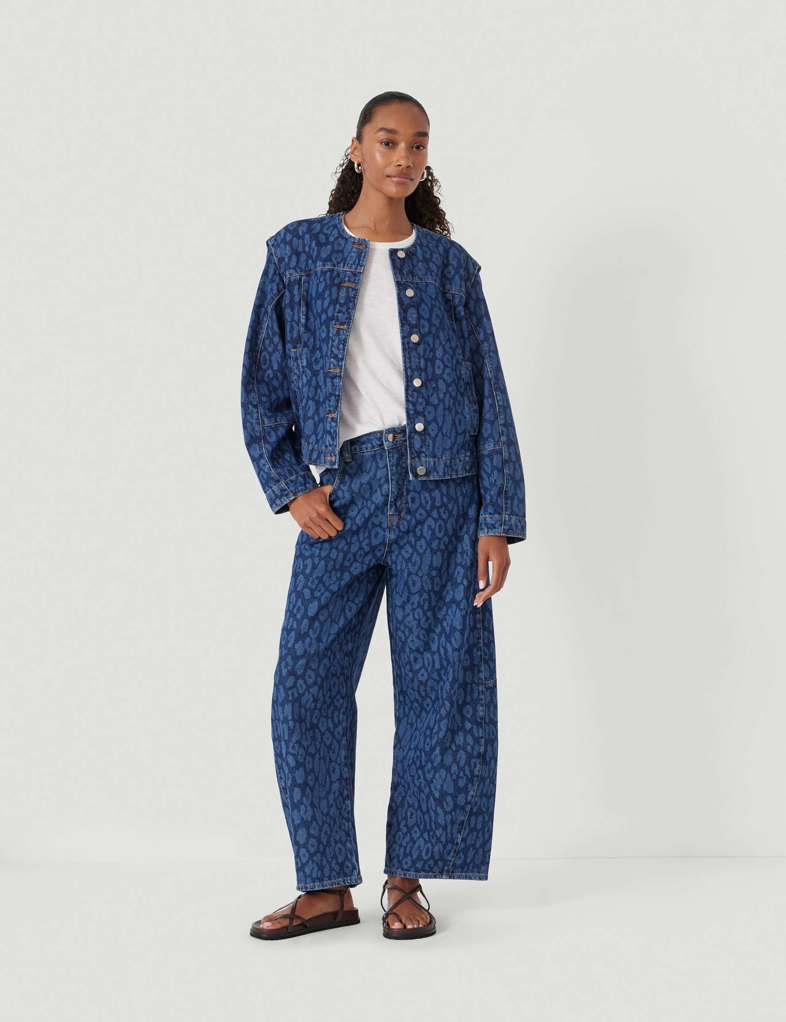 Denim Leopard Print Collarless Jacket