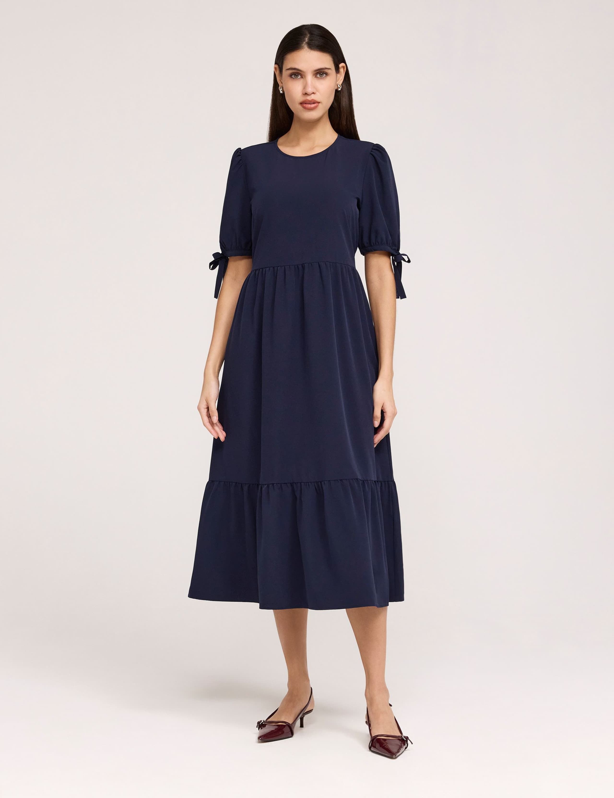 Crepe Tie Detail Tiered Midi Dress