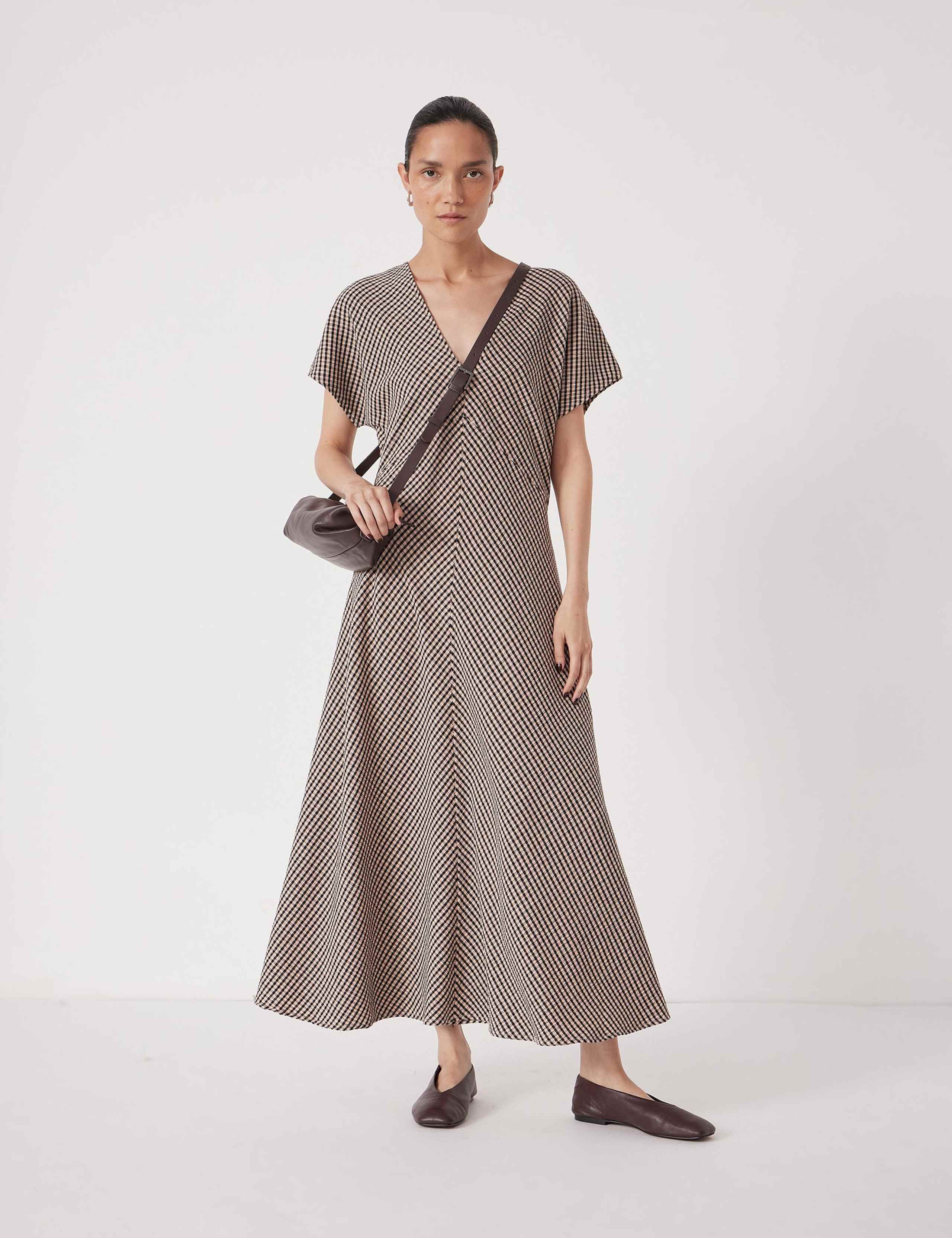 Jersey Gingham V-Neck Midaxi Tea Dress