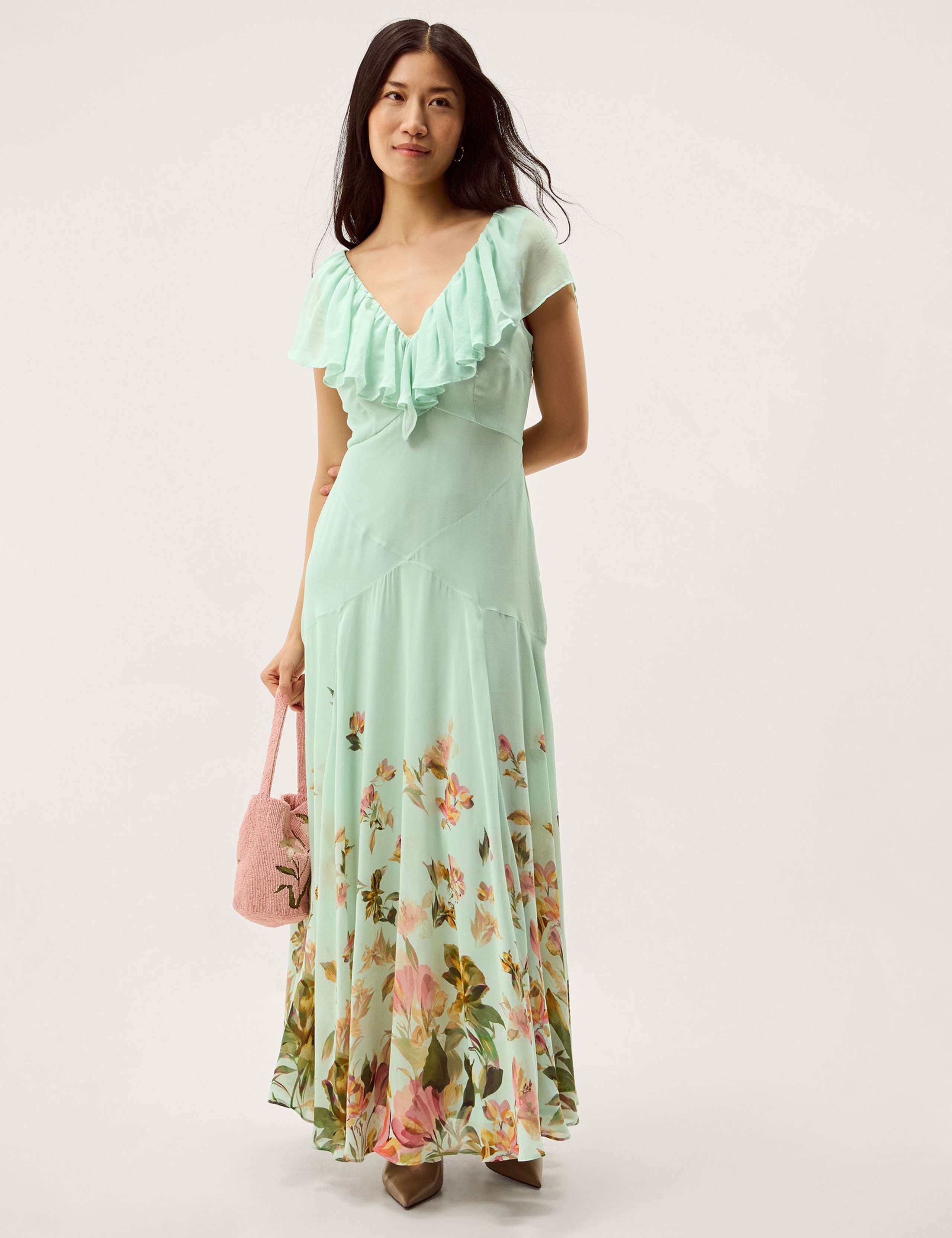Floral V-Neck Ruffle Maxi Skater Dress