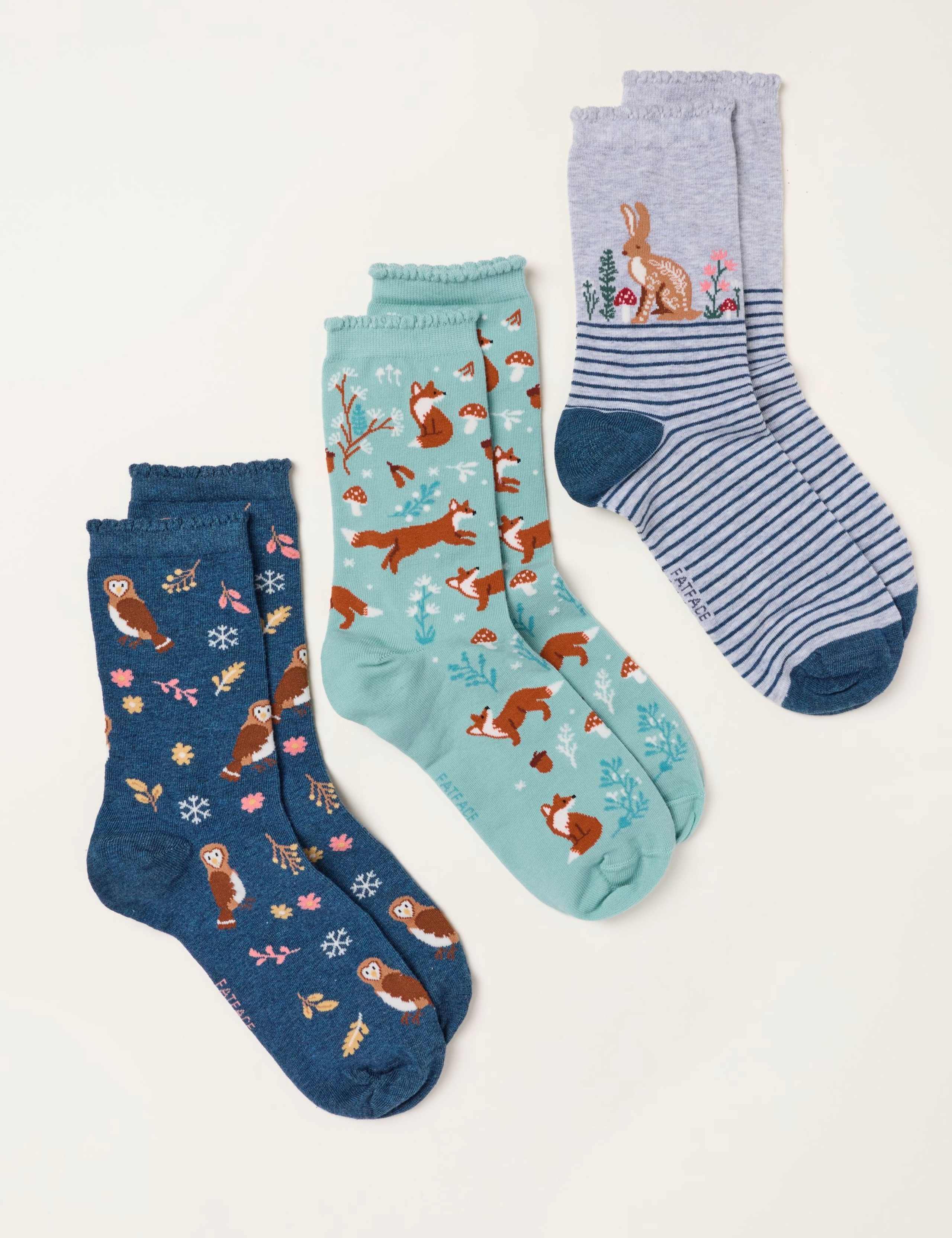 3 Pack Cotton Rich Woodland Ankle High Socks