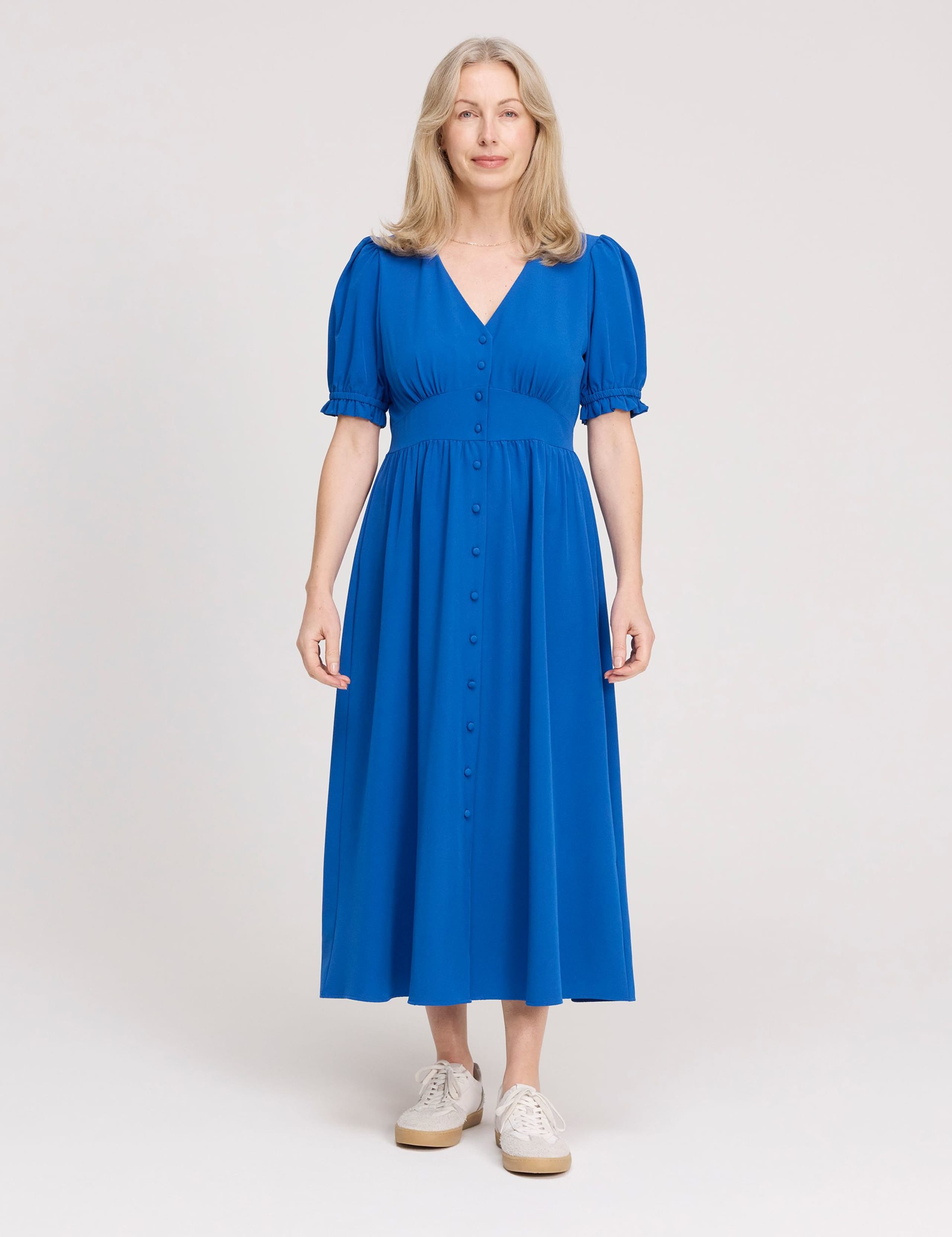 V-Neck Button Through Midi Tea Dress