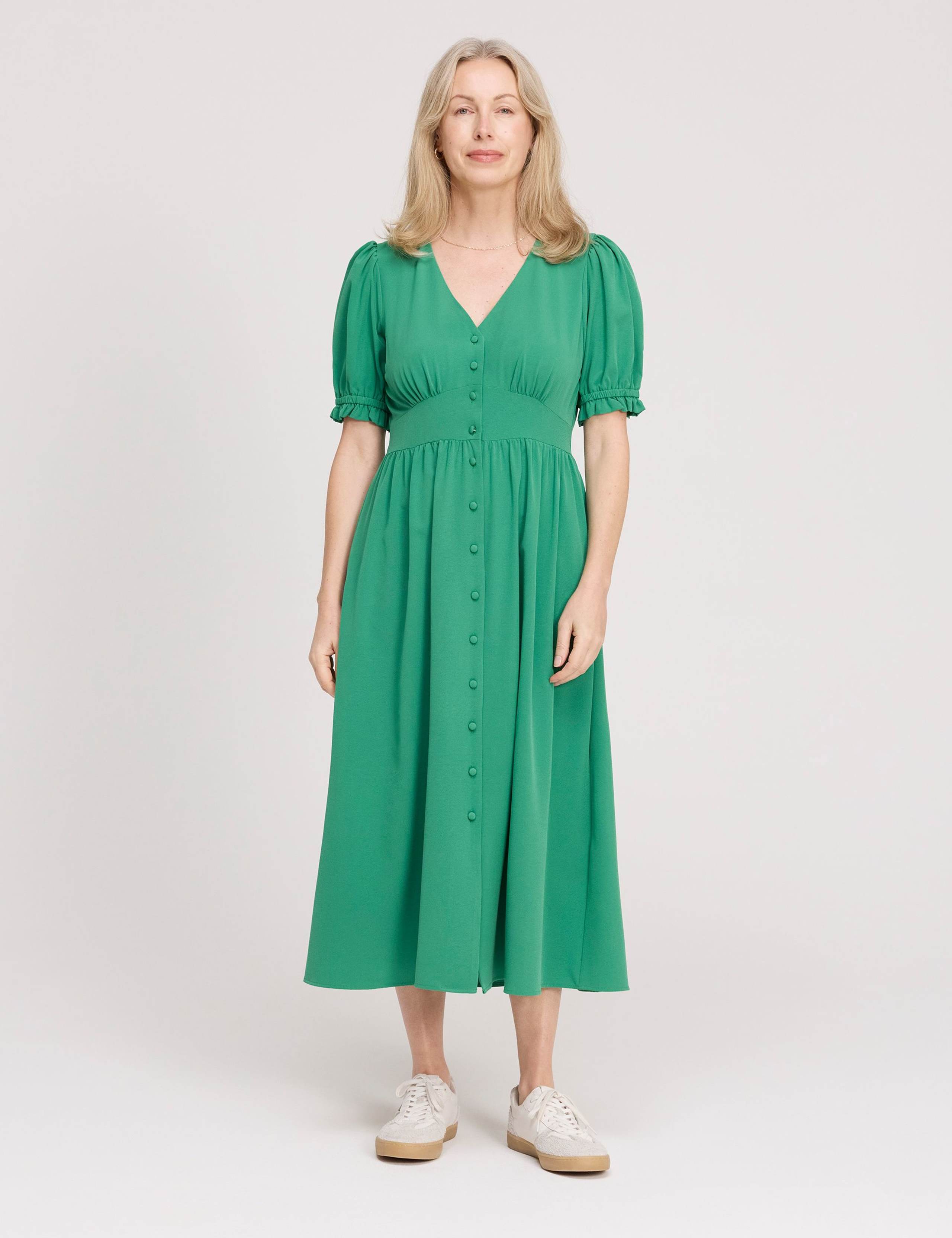V-Neck Button Through Midi Tea Dress