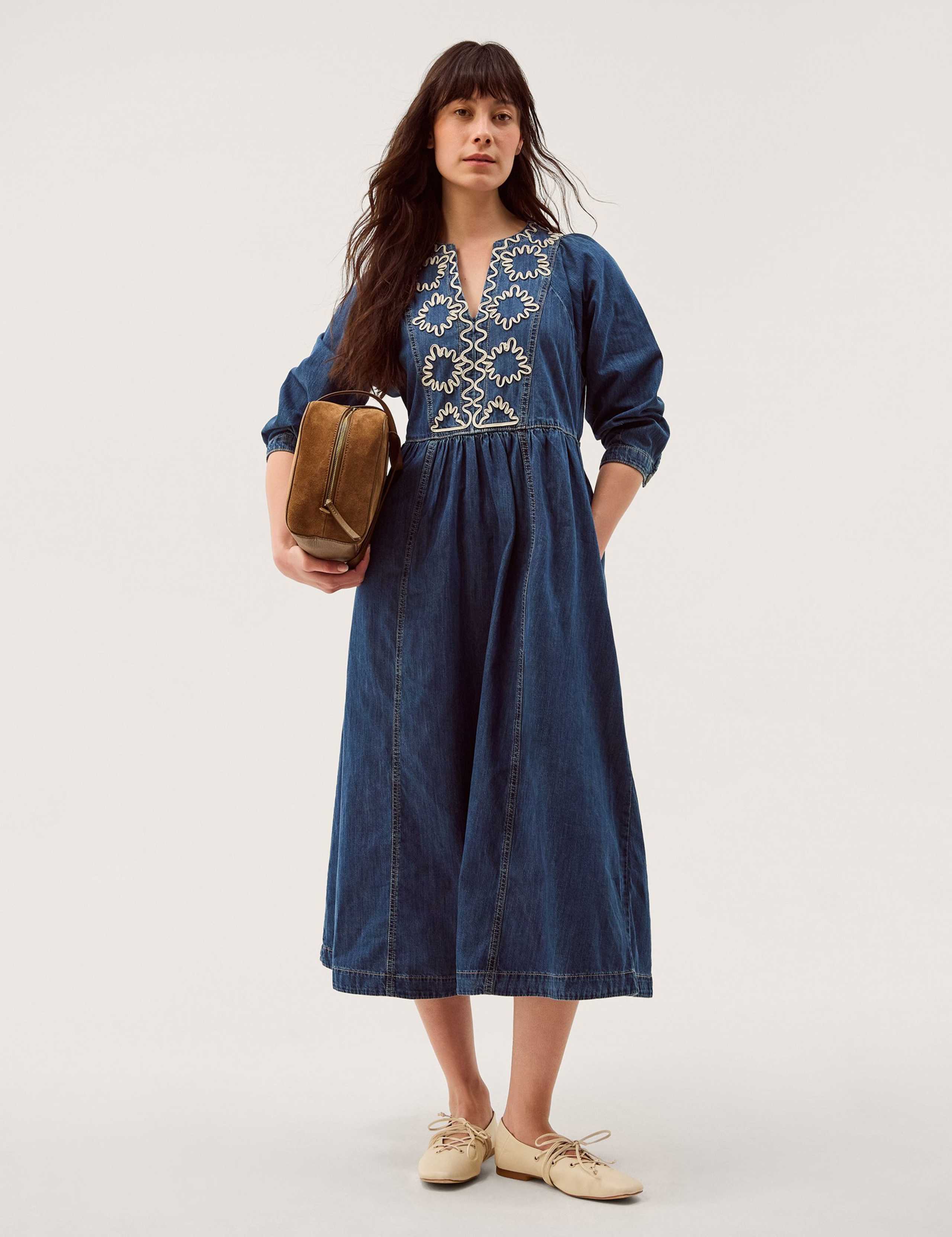 Pure Cotton Denim V-Neck Midi Waisted Dress