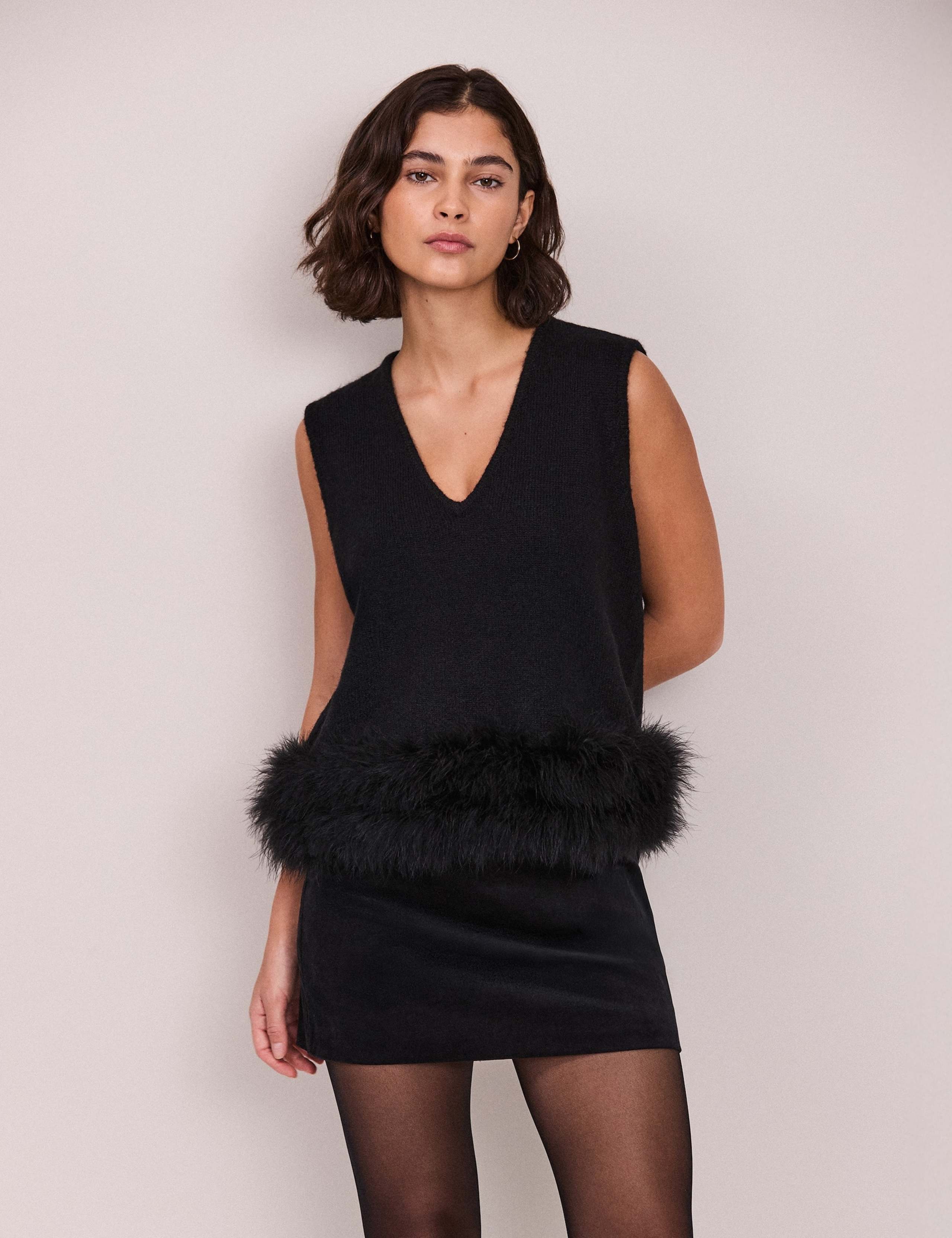 Feather Trim V Neck Relaxed Knitted Vest with Wool