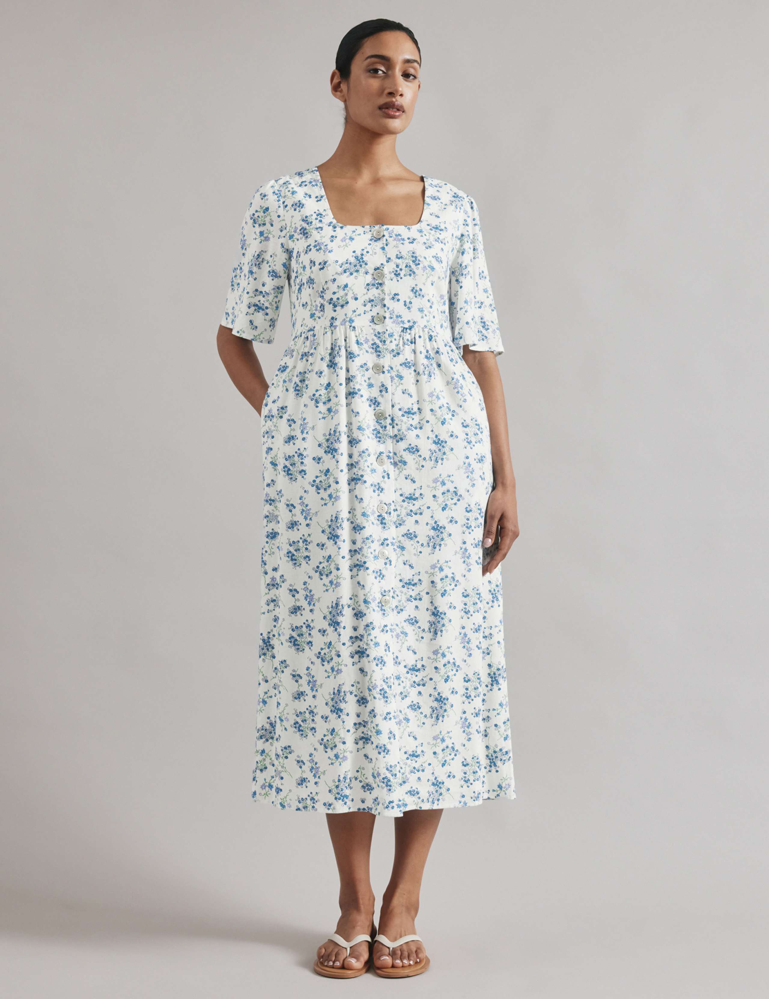 Linen Blend Floral Midi Skater Dress