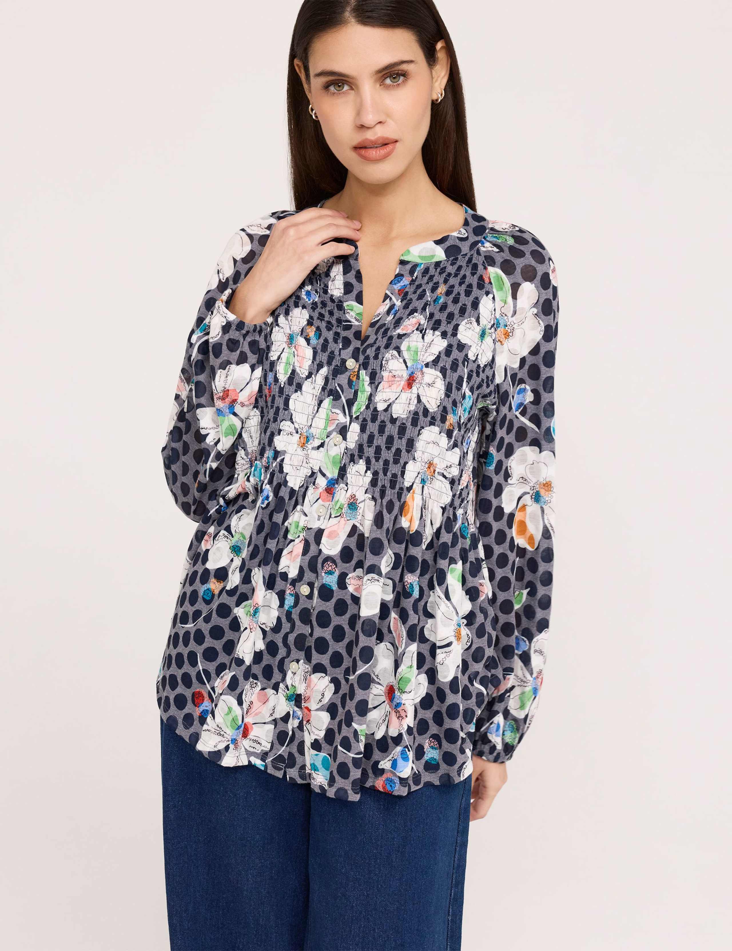 Jersey Floral V-Neck Shirred Blouse