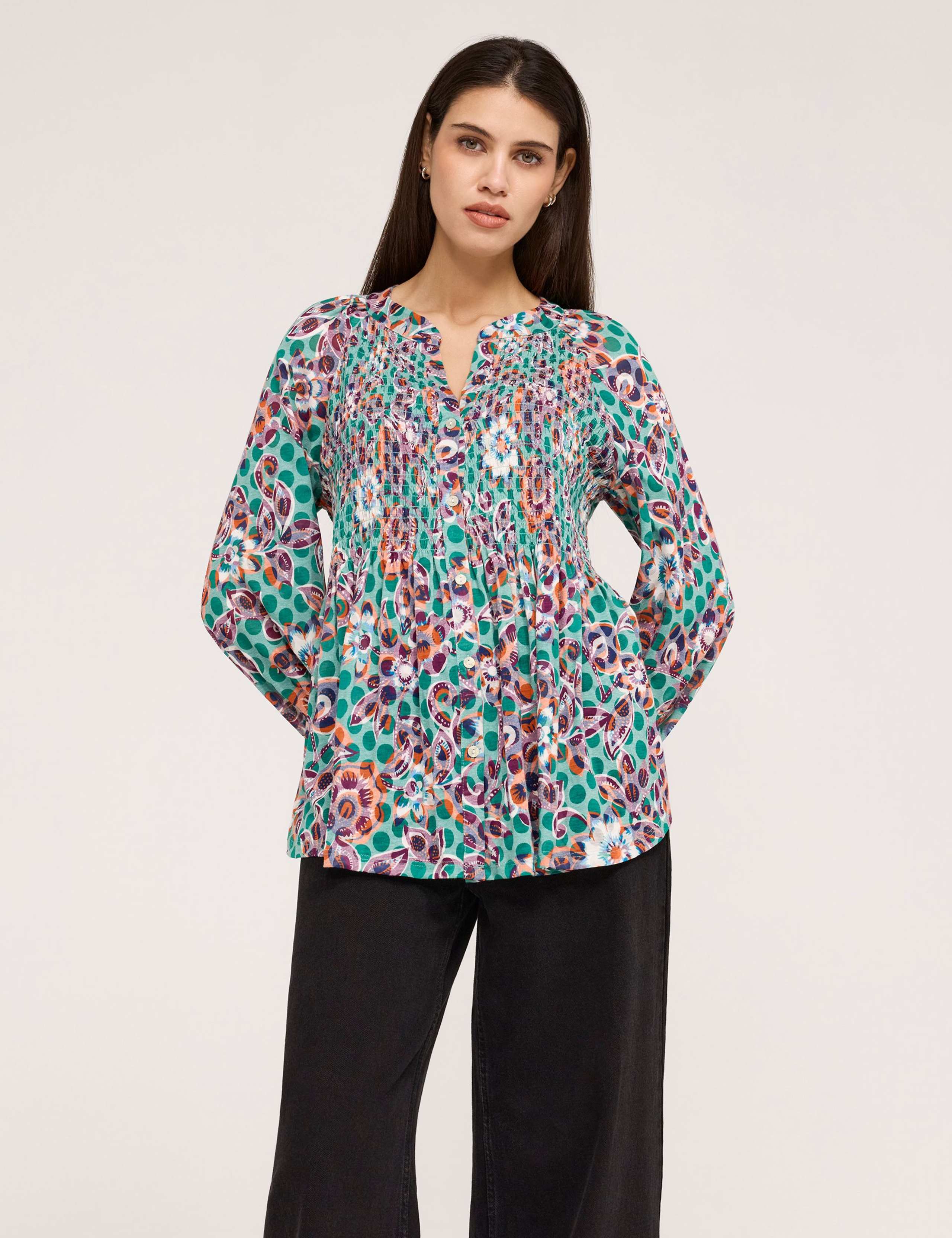 Jersey Floral V-Neck Shirred Blouse