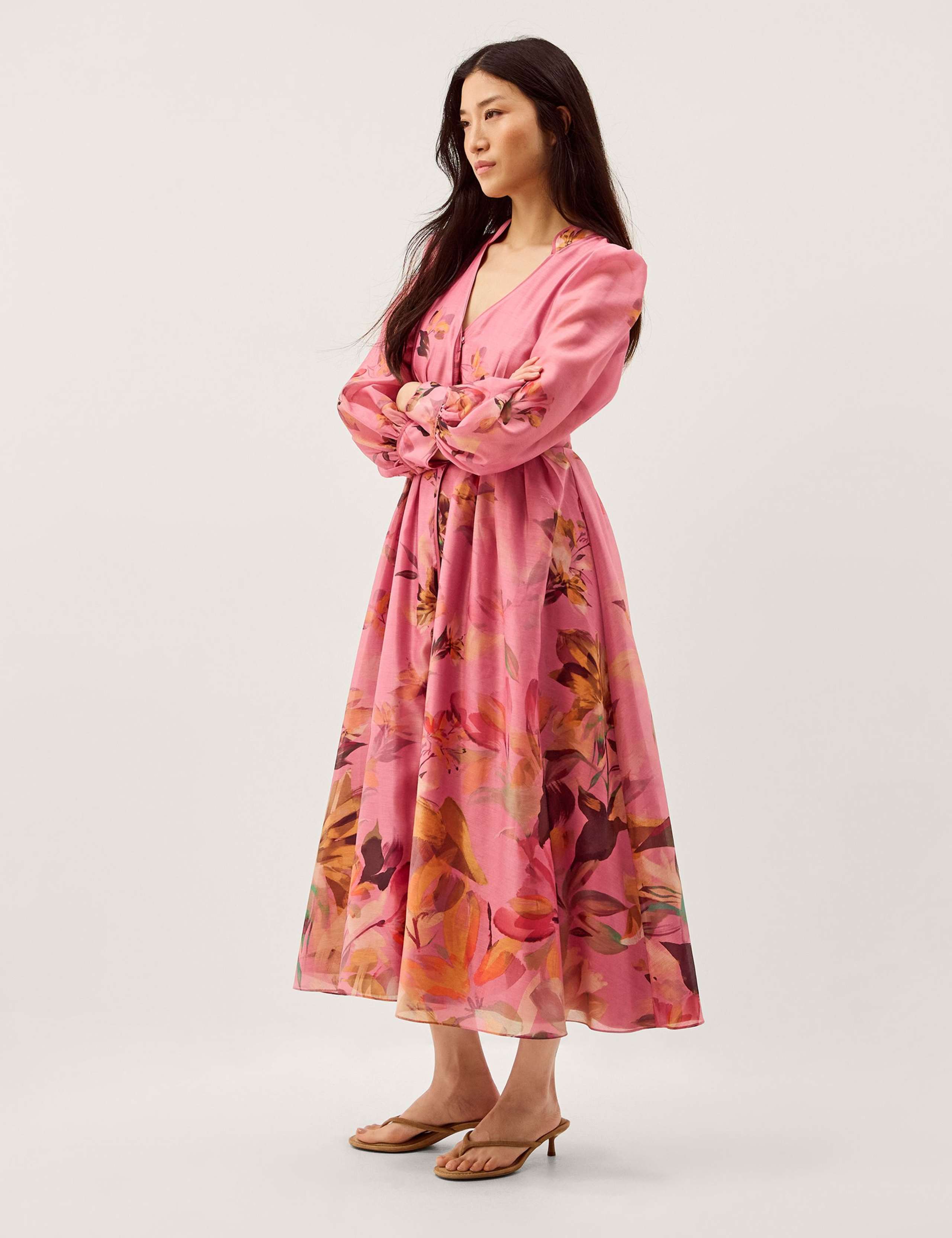 Floral V-Neck Belted Midi Waisted Dress