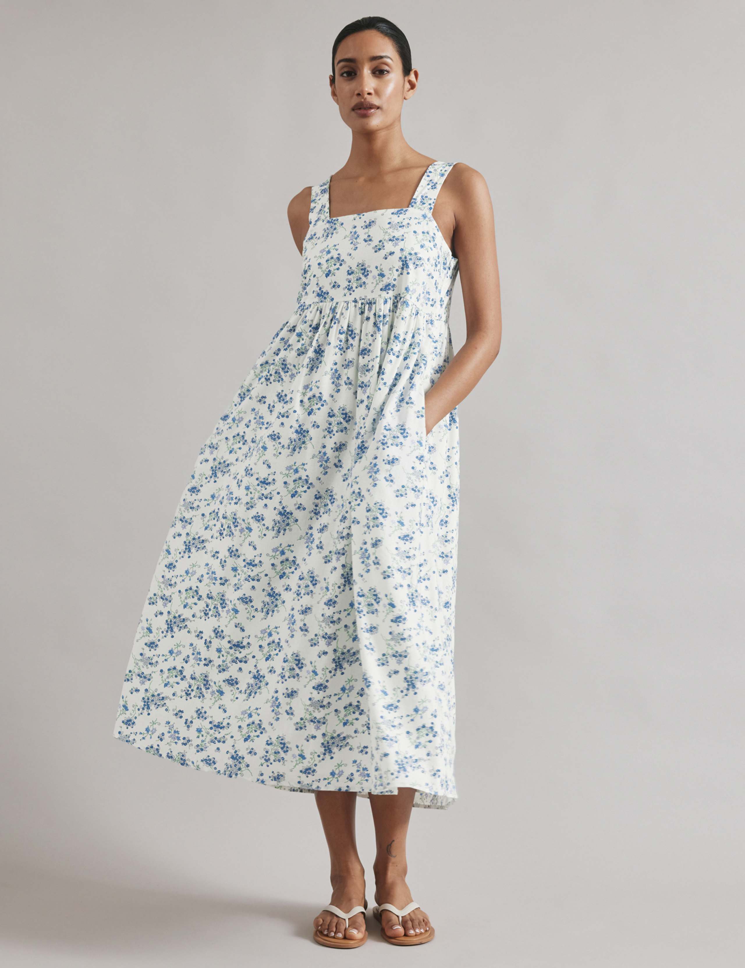 Linen Blend Blossom Print Midi Skater Dress