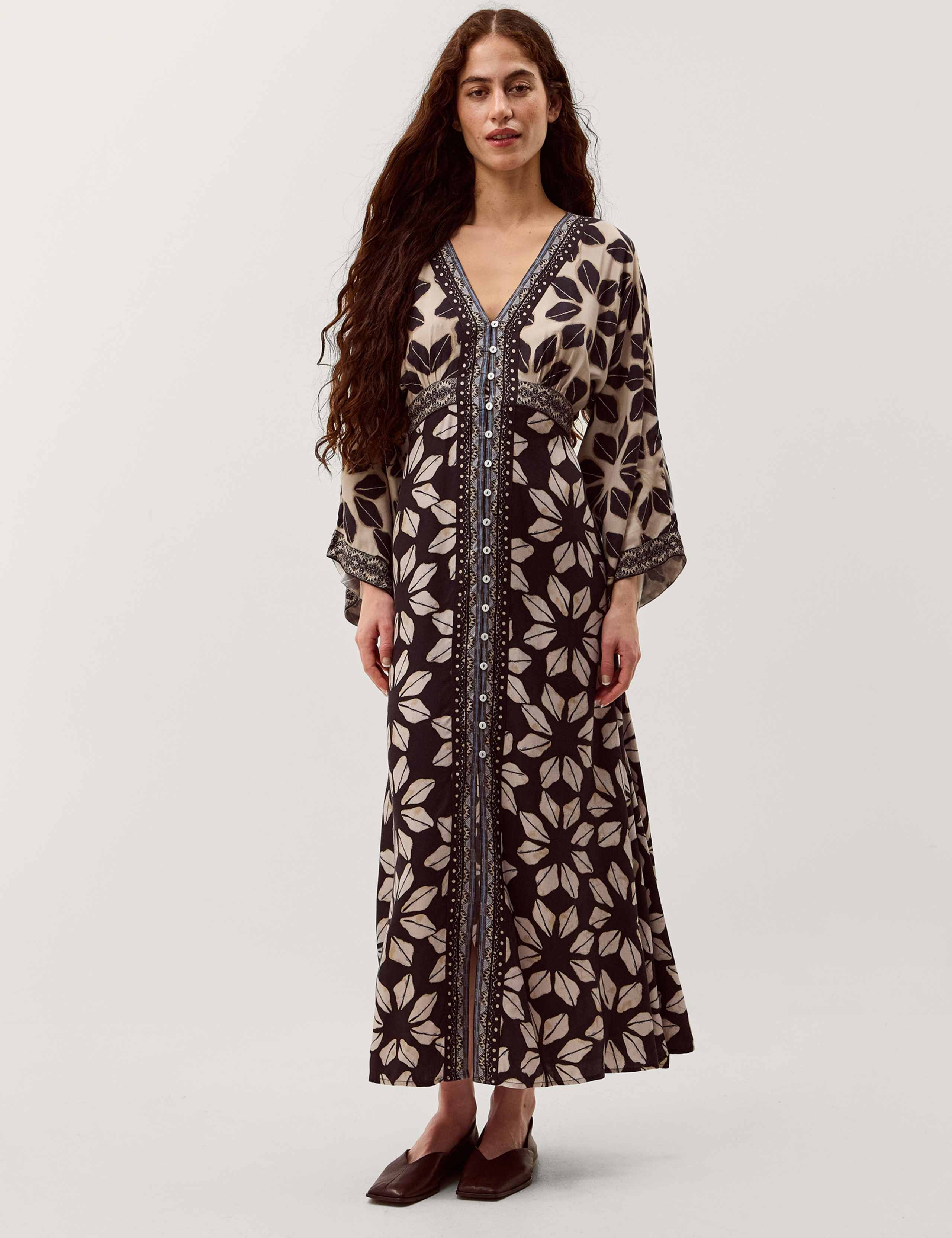 Printed V-Neck Midi Kaftan Dress