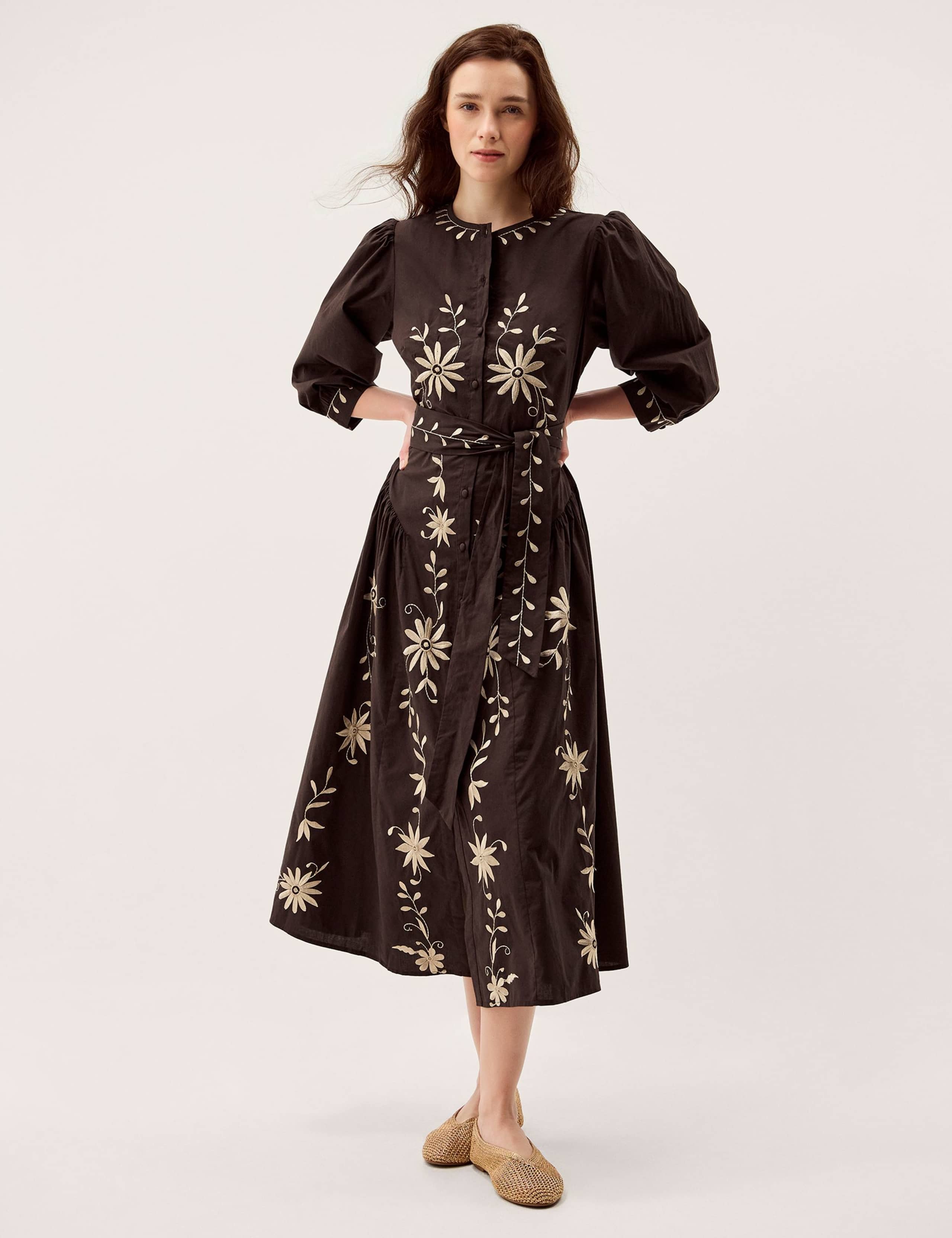 Pure Cotton Embroidered Maxi Shirt Dress