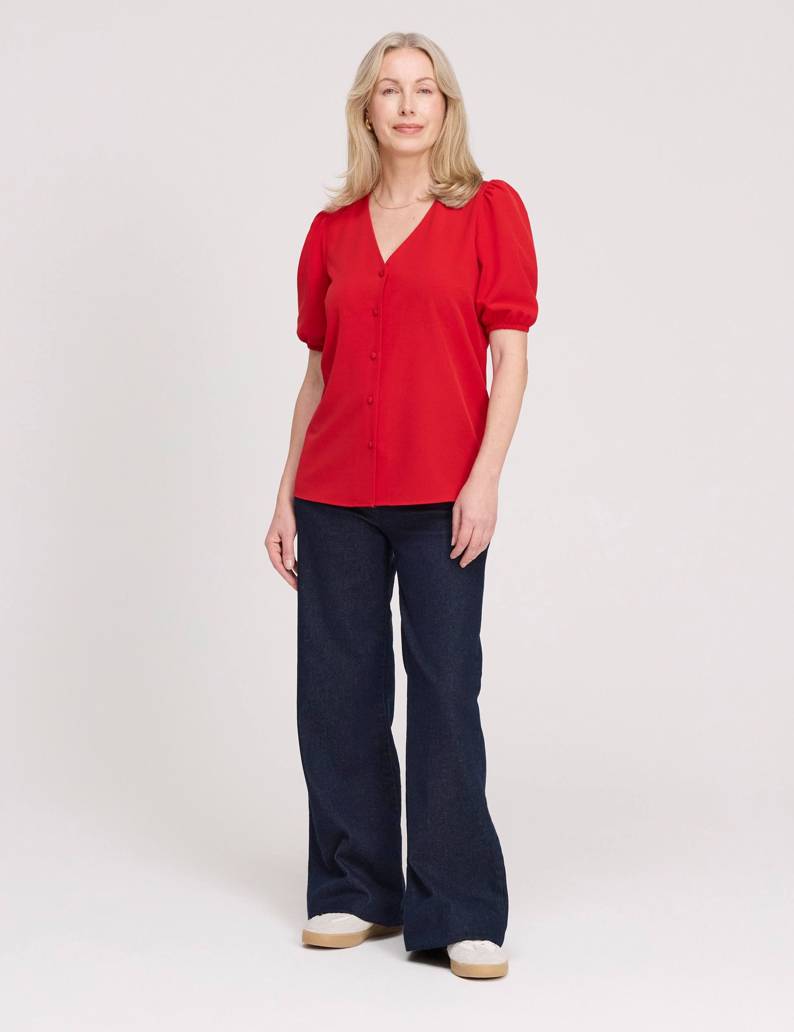 V-Neck Short Sleeve Button-Through Top