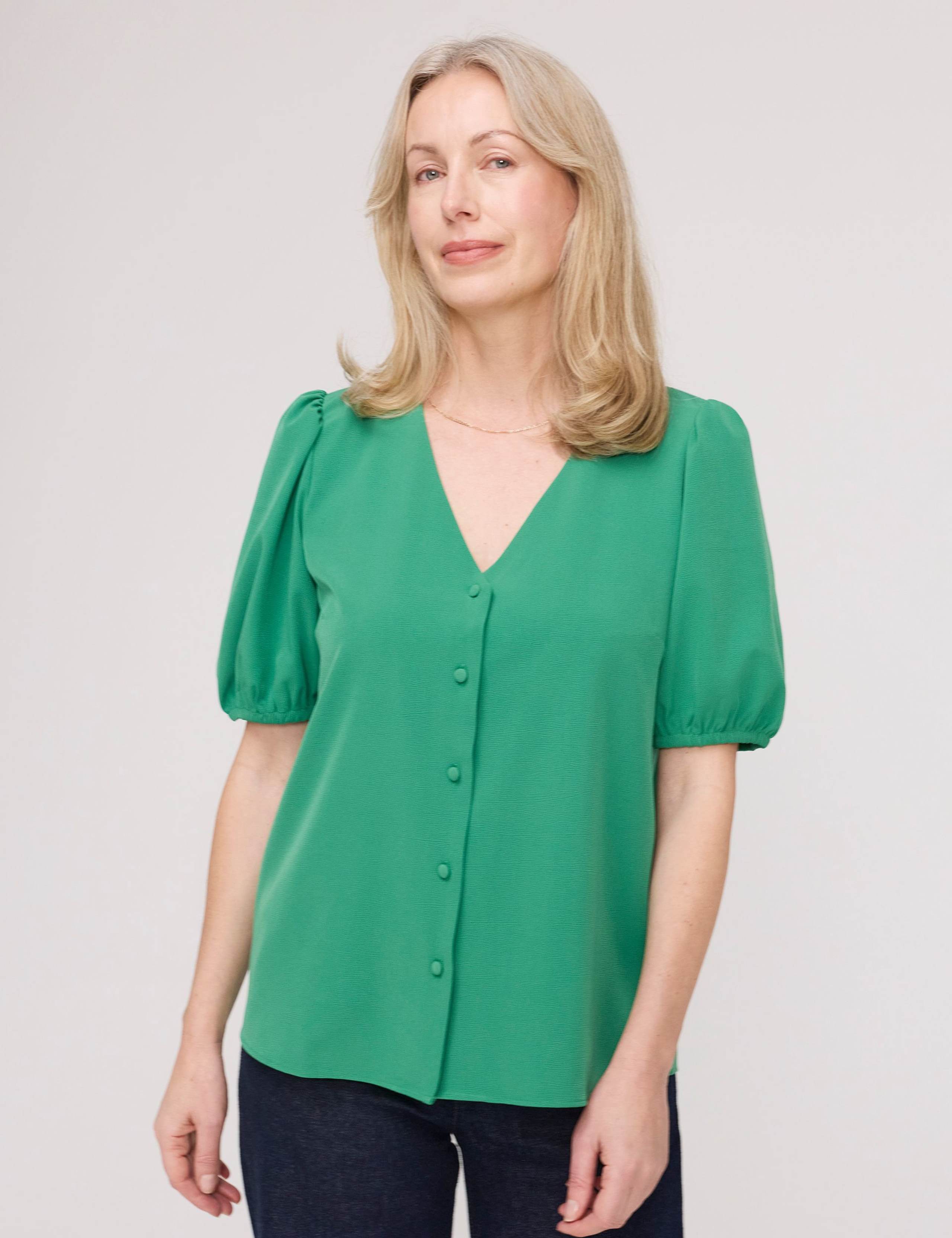 V-Neck Short Sleeve Button-Through Top