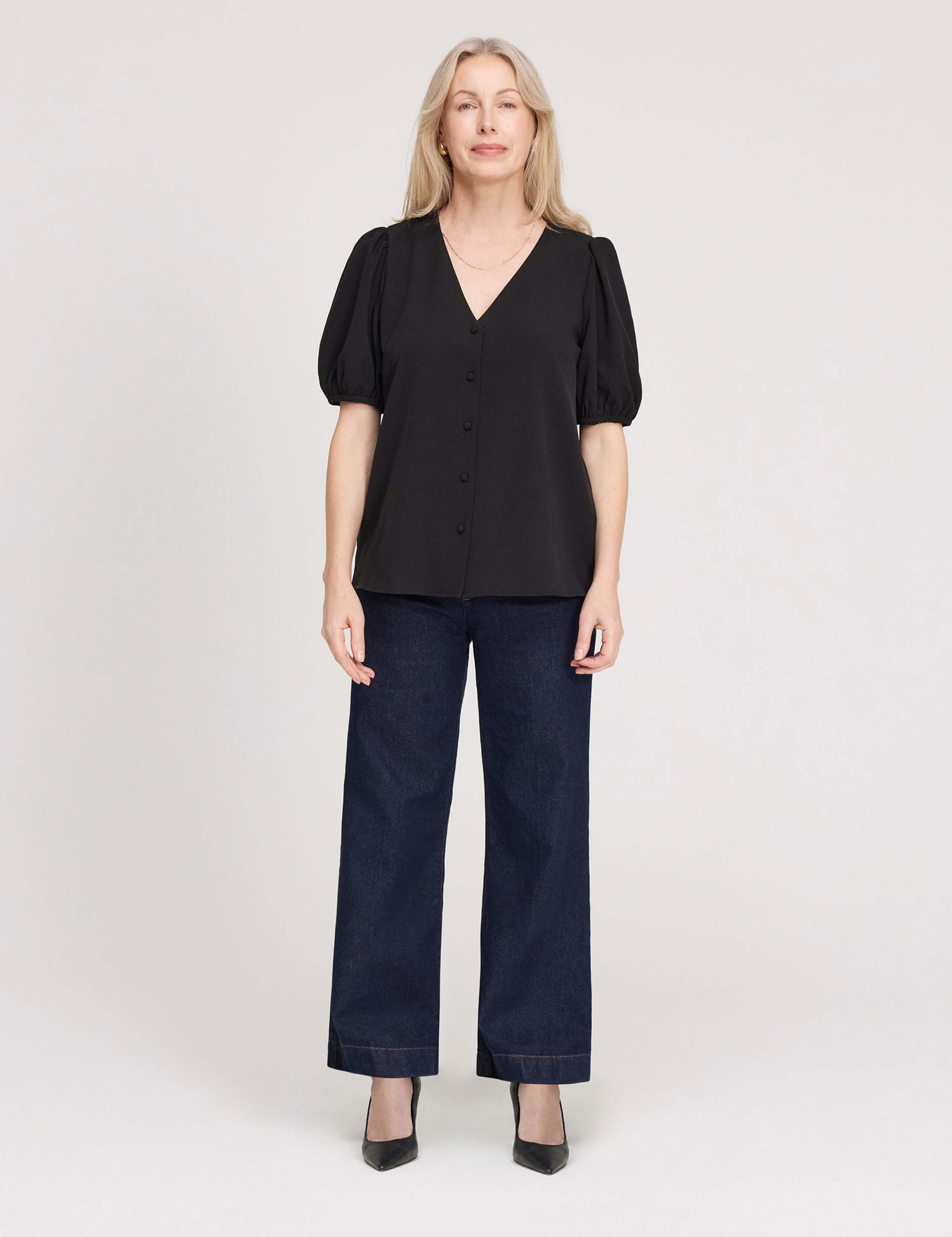 V-Neck Short Sleeve Button-Through Top