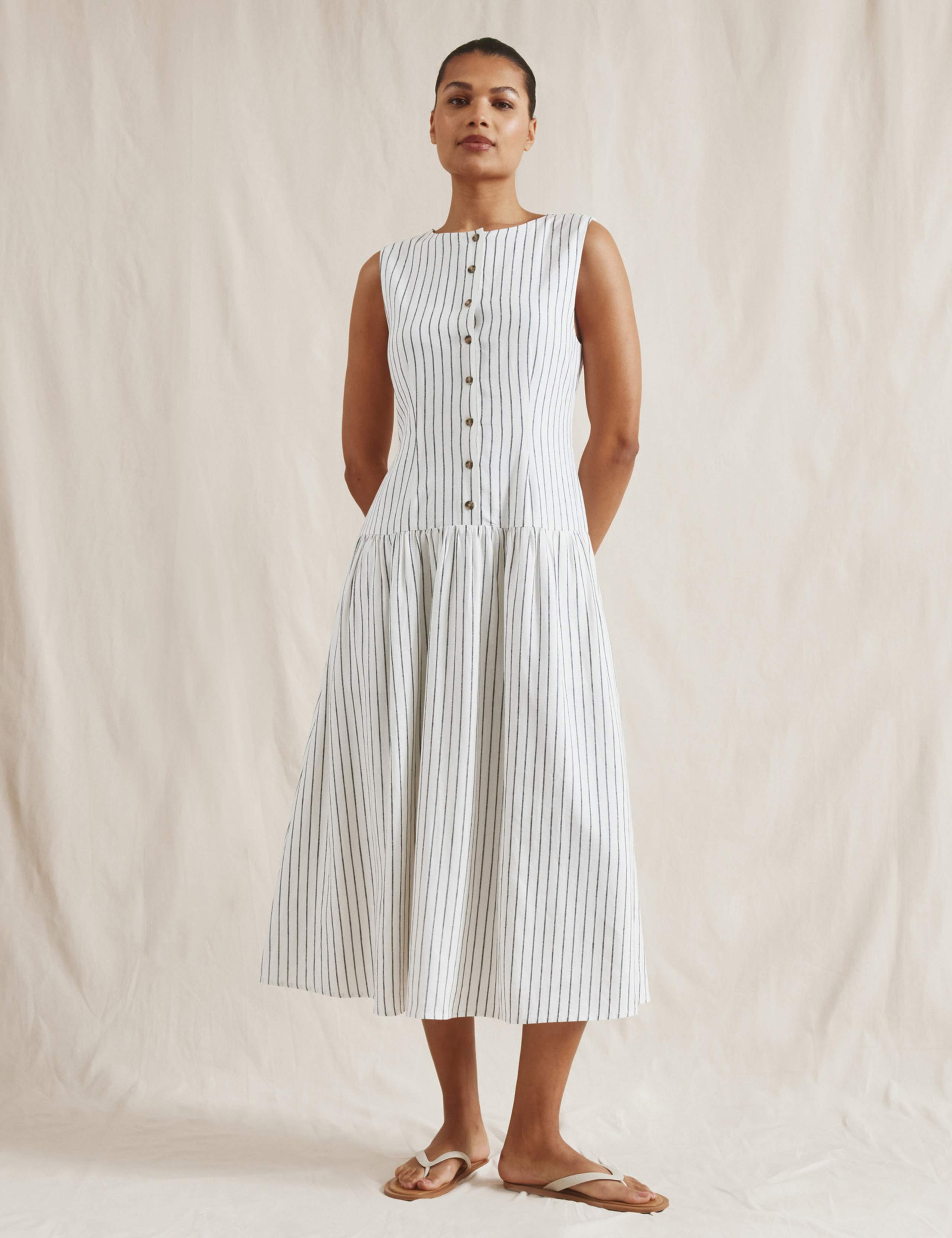 Linen Blend Striped Midi Skater Dress