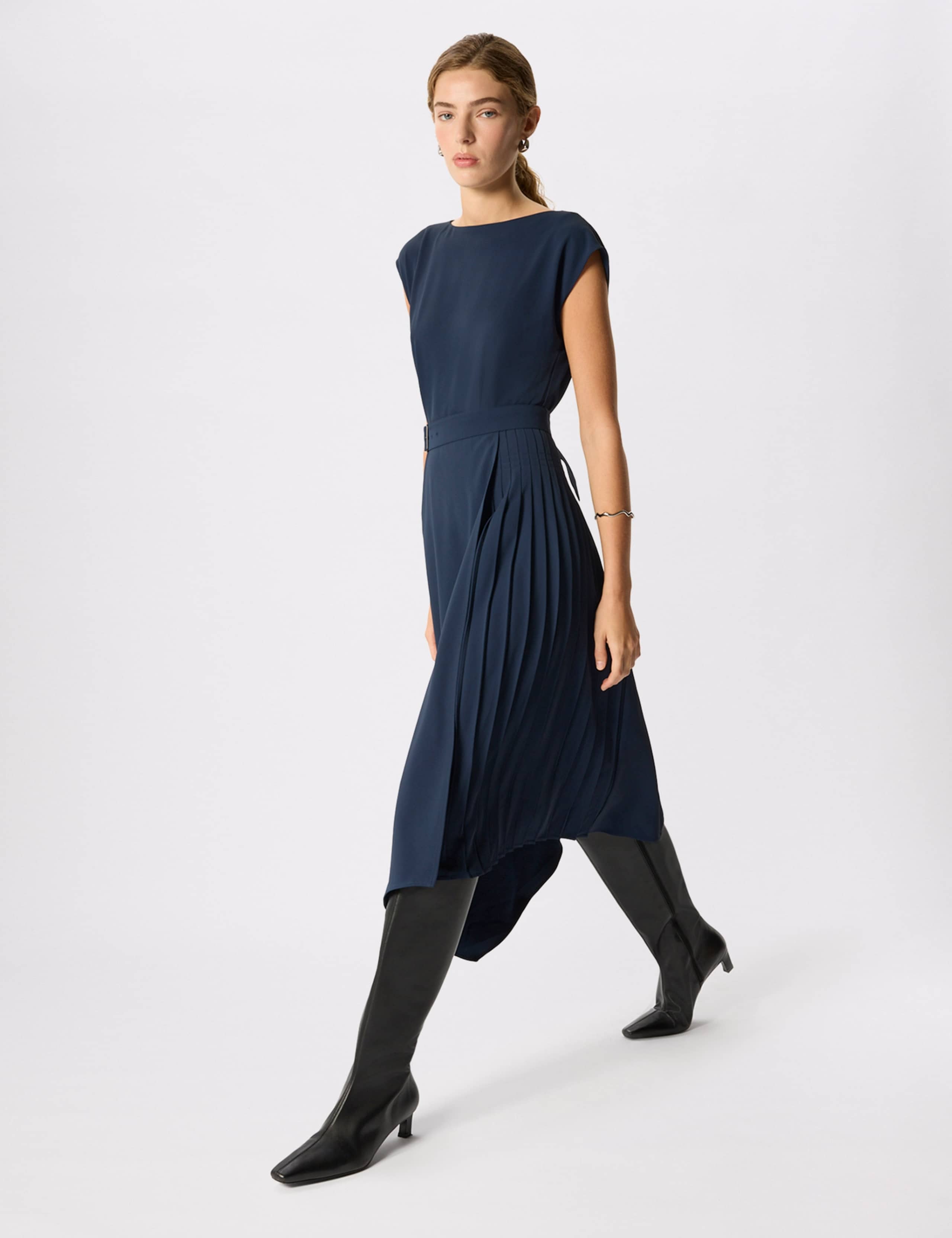 Pleat Detail Belted Asymmetric Dress
