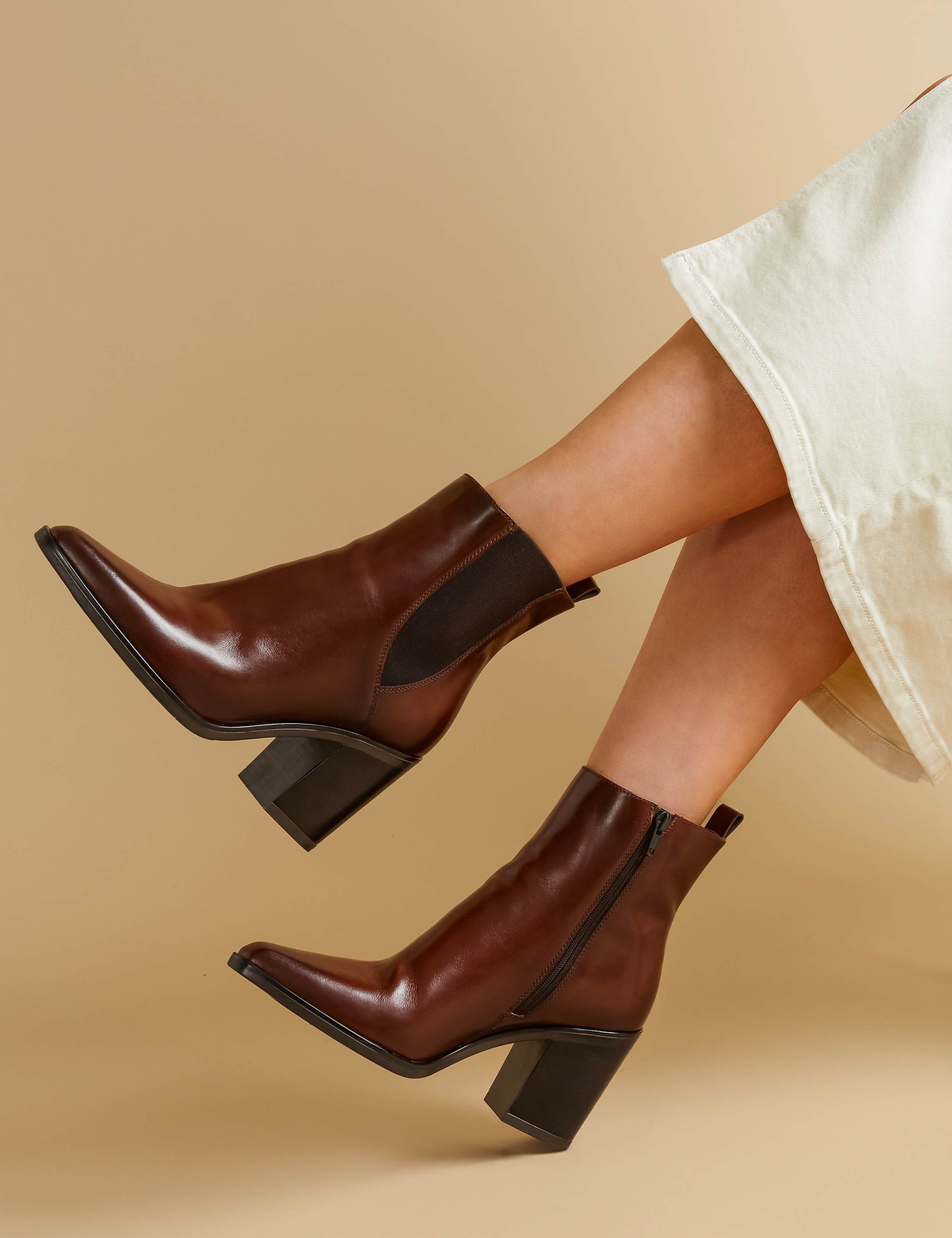 Leather Block Heel Pointed Ankle Boots