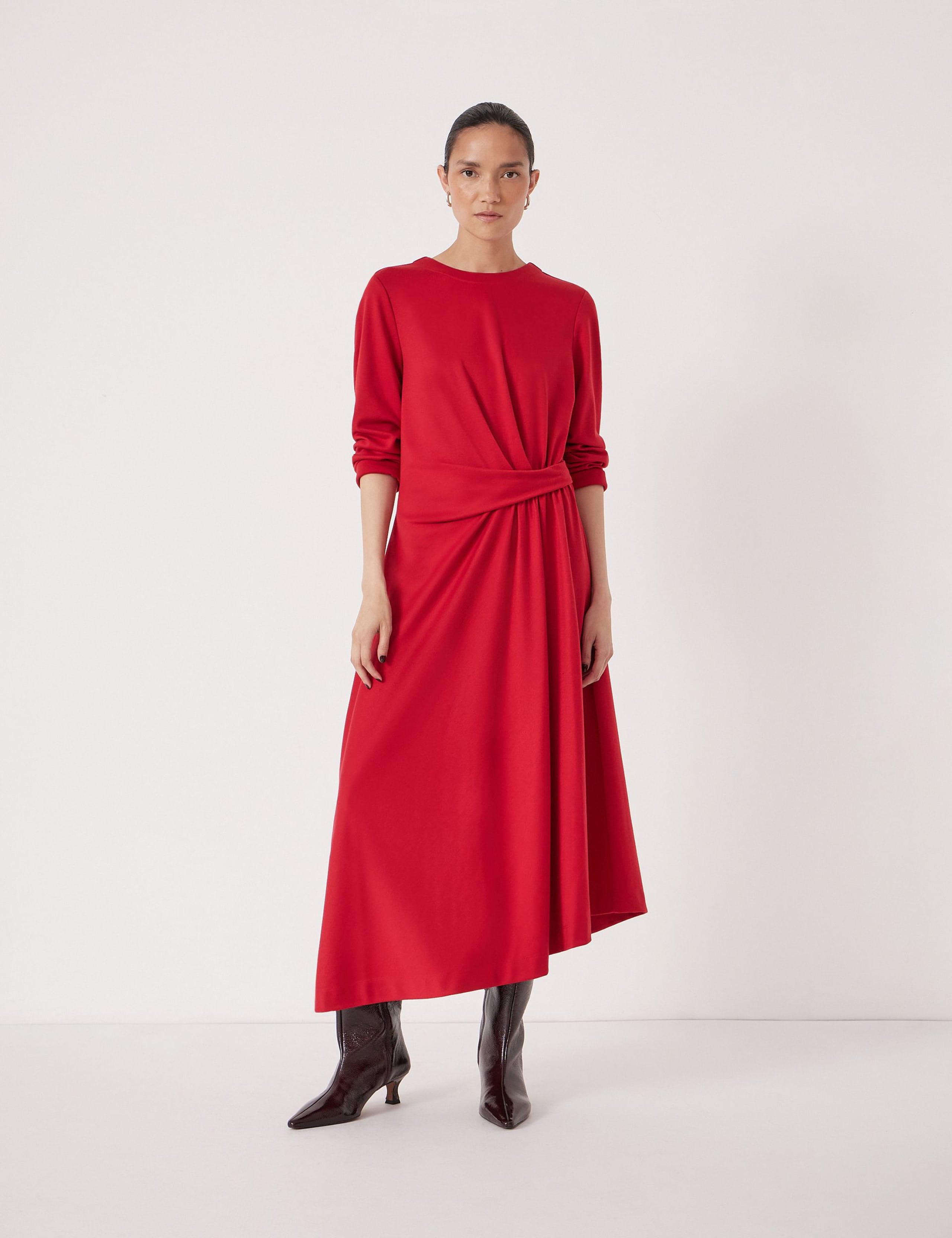 Jersey Asymmetric Hem Midi Waisted Dress