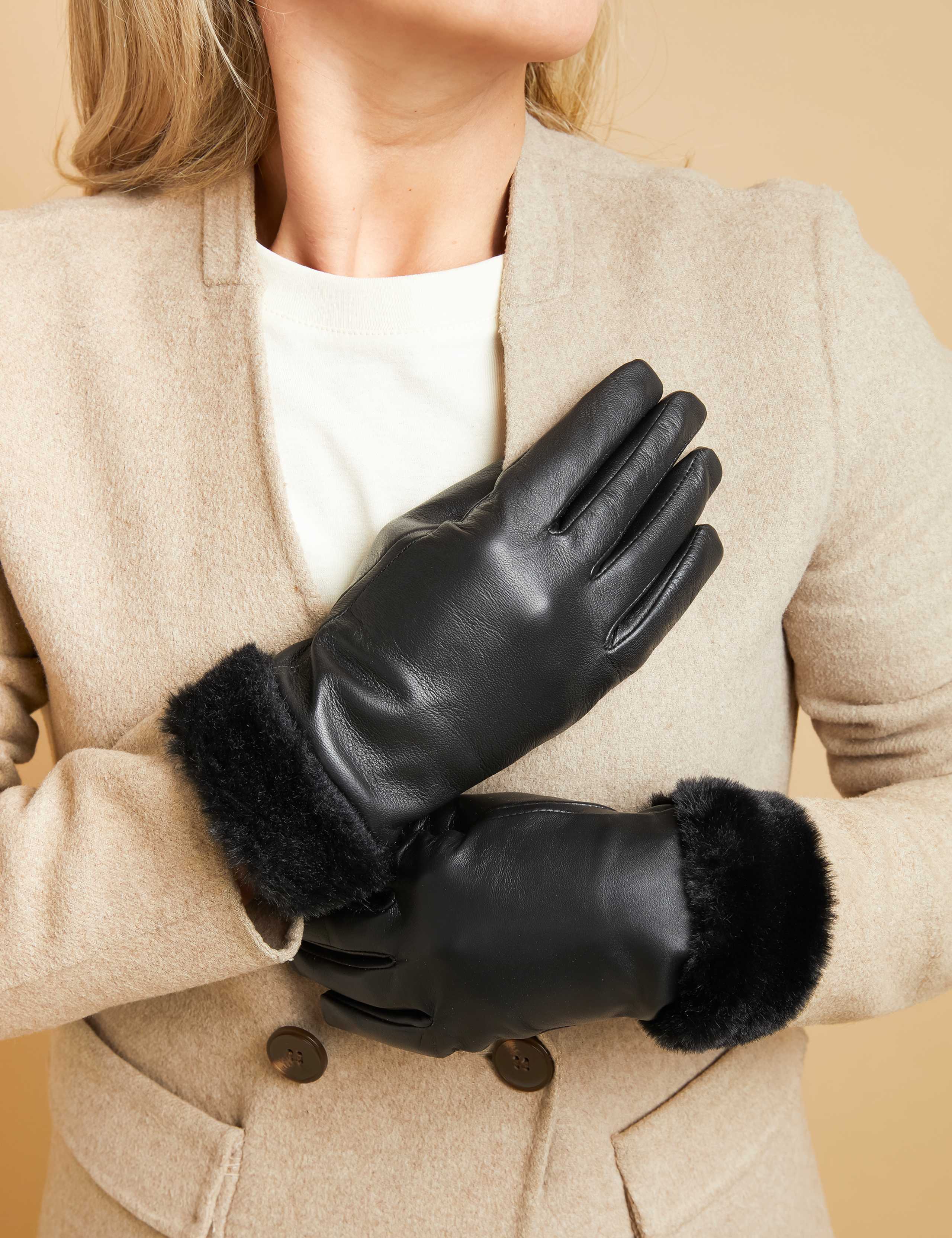 Leather Faux Fur Cuffed Warm Lined Gloves