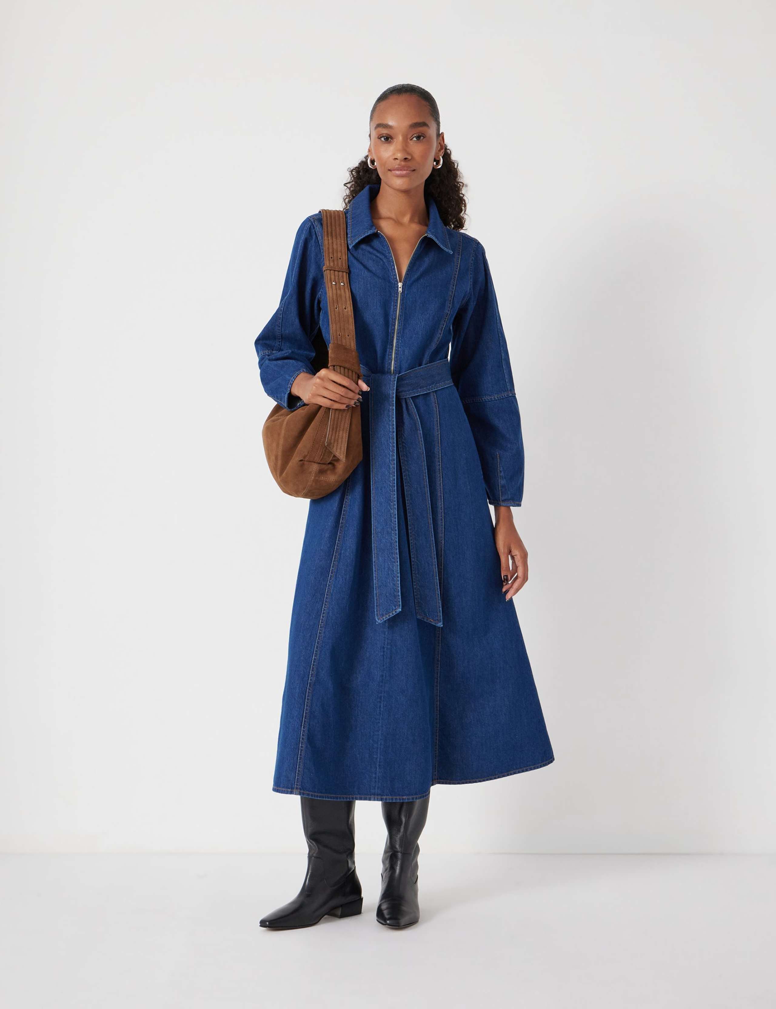 Denim Blouson Sleeve Midi Shirt Dress