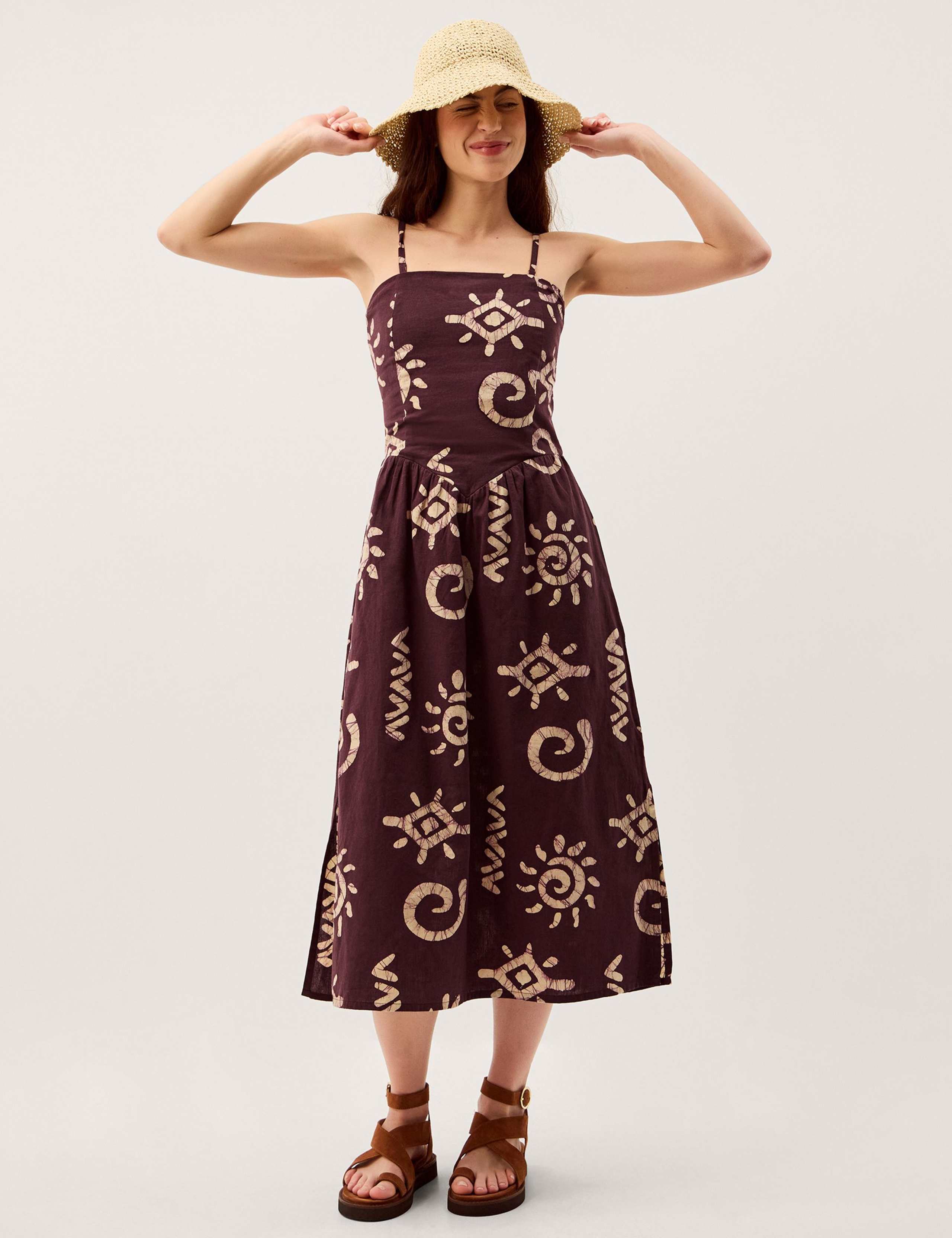 Cotton Rich Printed Midi Waisted Dress with Linen