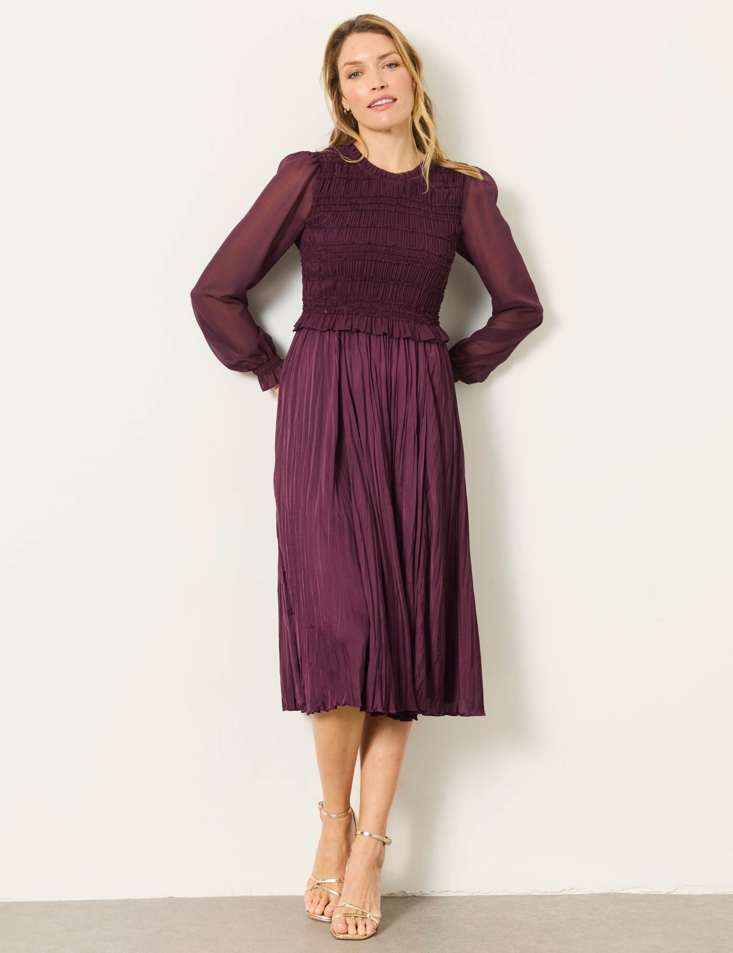 Plisse Round Neck Midi Shirred Tea Dress