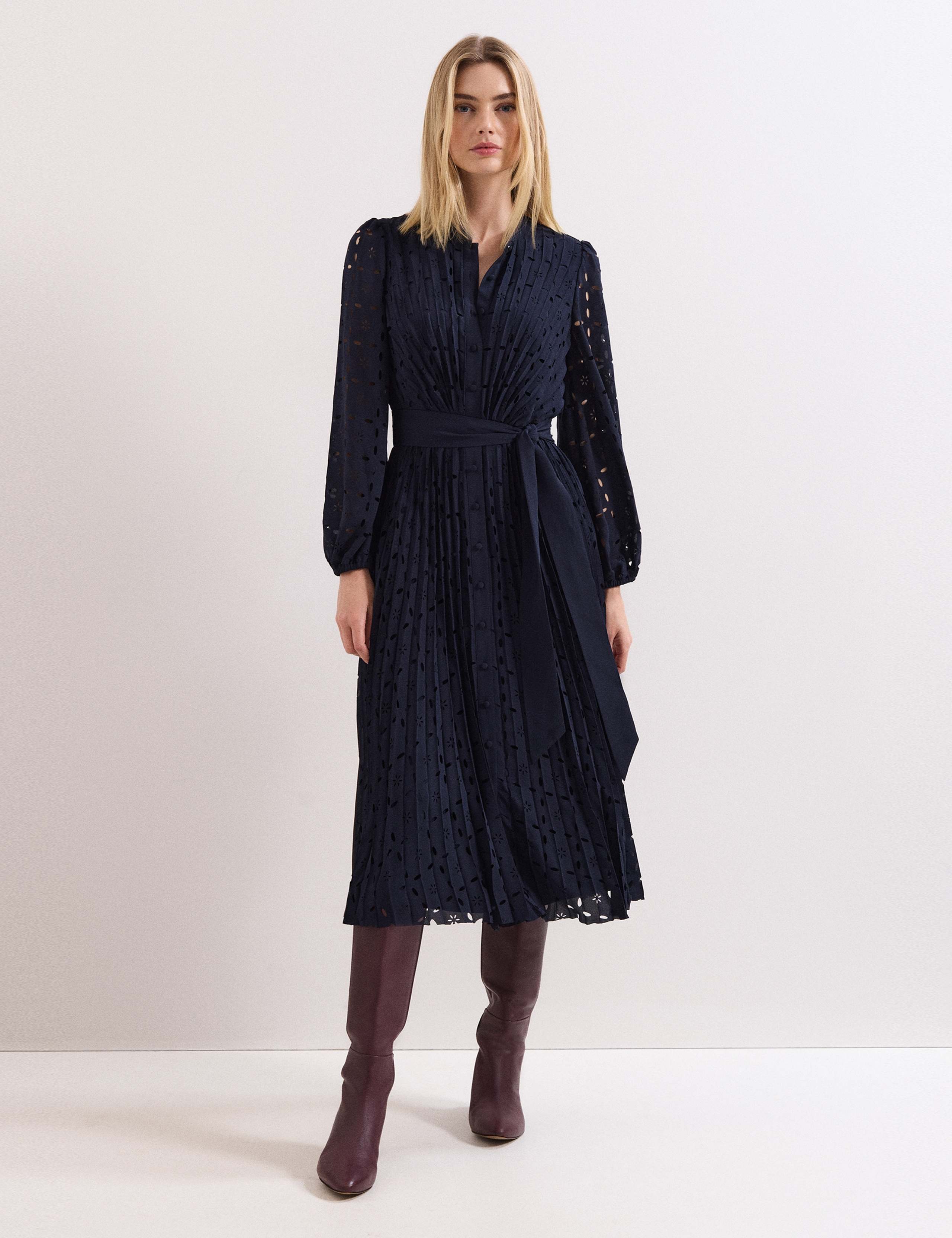 Laser Cut Broderie Pleated Midi Shirt Dress