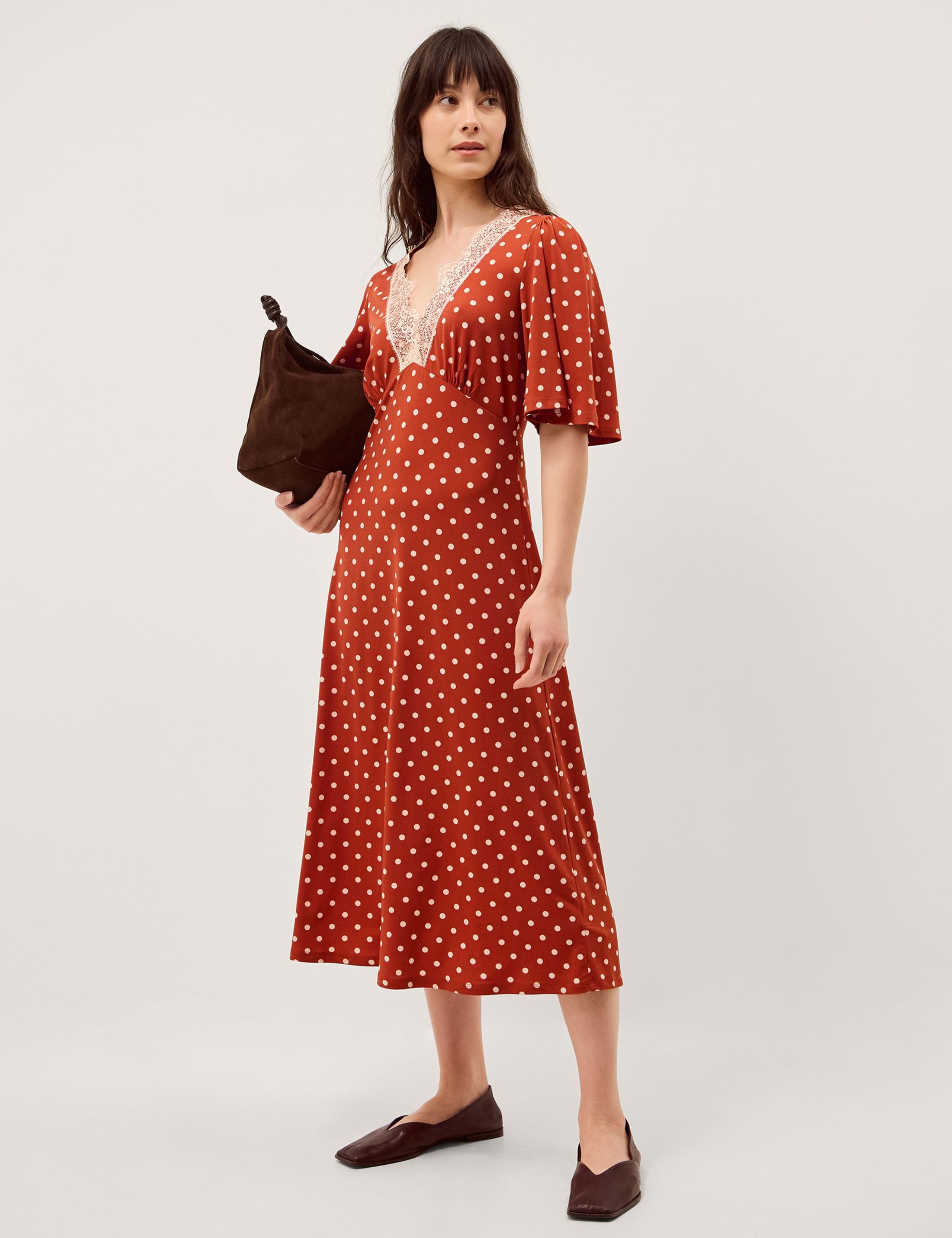 Jersey Polka Dot V-Neck Midi Skater Dress