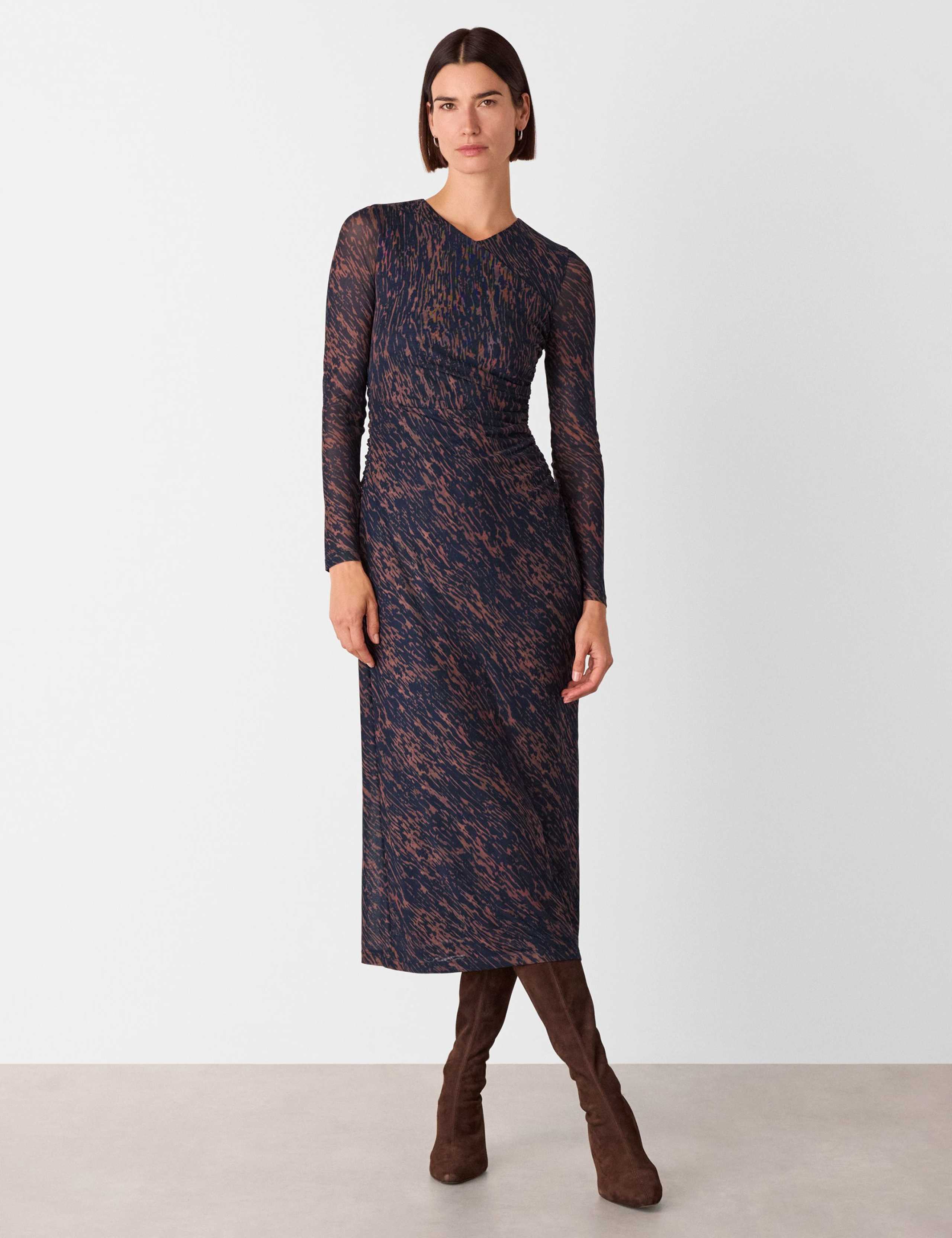 Mesh Printed Ruched Midi Column Dress