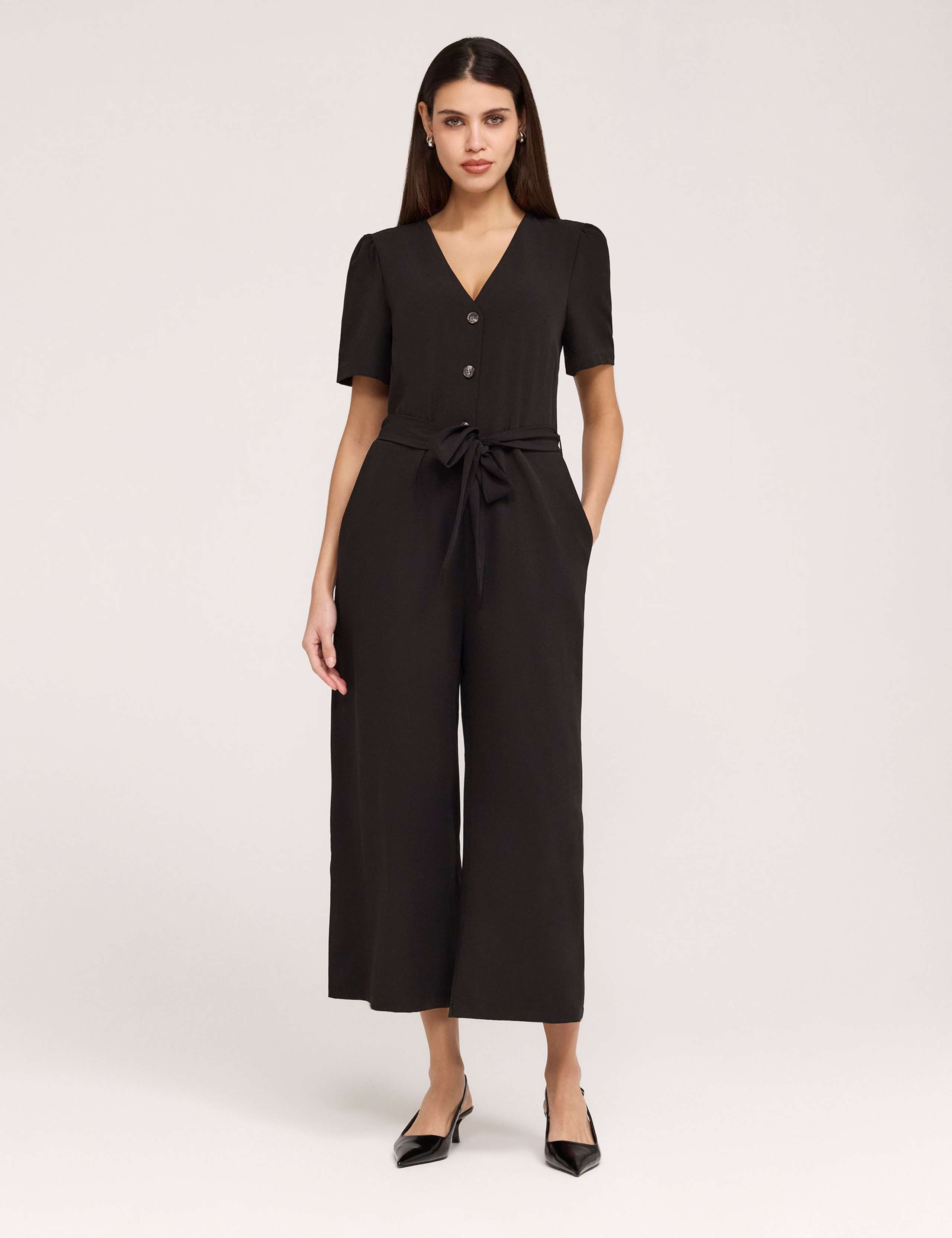 Crepe Tie Waist Short Sleeve Wide Leg Jumpsuit