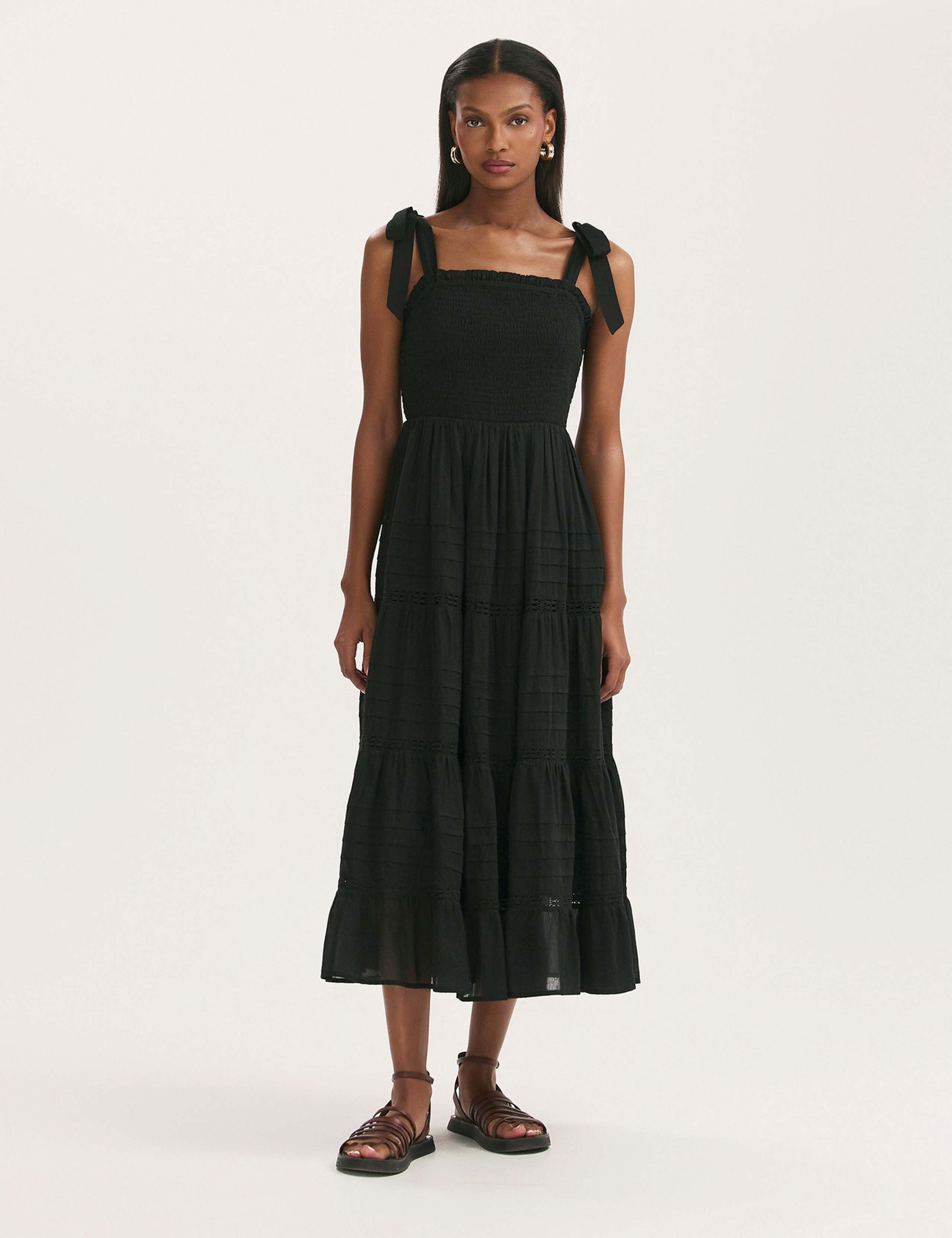 Pure Cotton Strappy Midi Shirred Tiered Dress