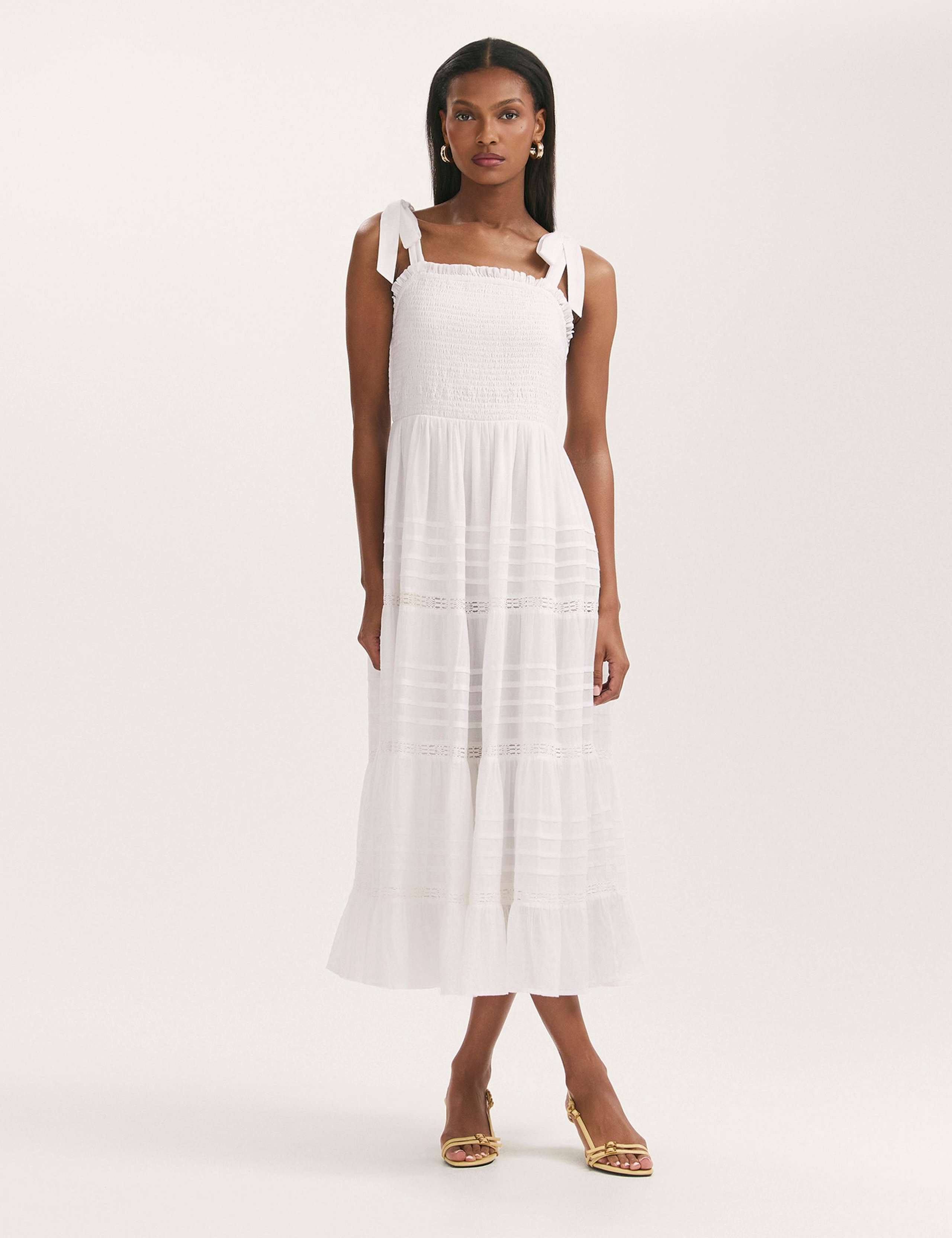 Pure Cotton Strappy Midi Shirred Tiered Dress