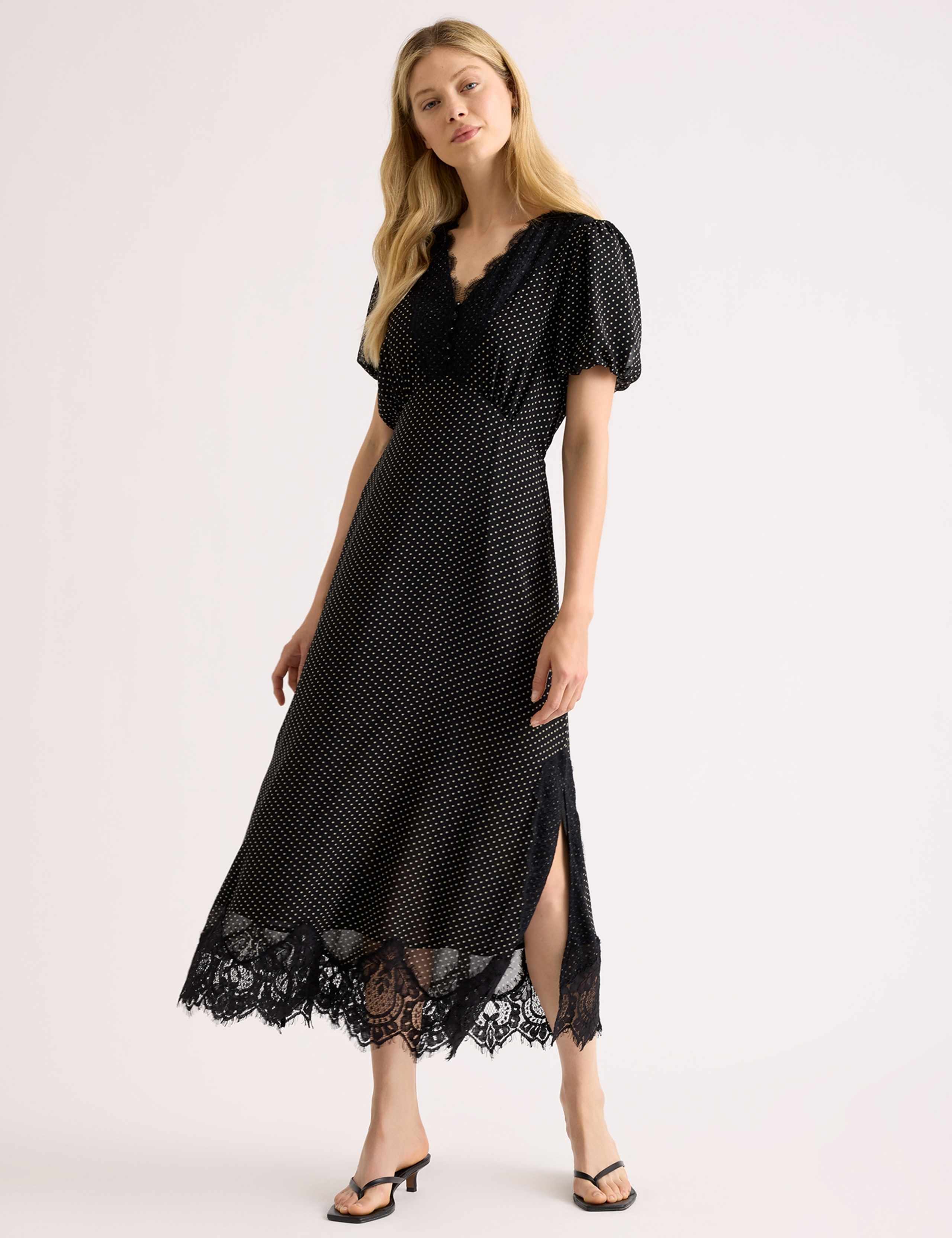 Chiffon Spot Print Lace Trim Midi Tea Dress