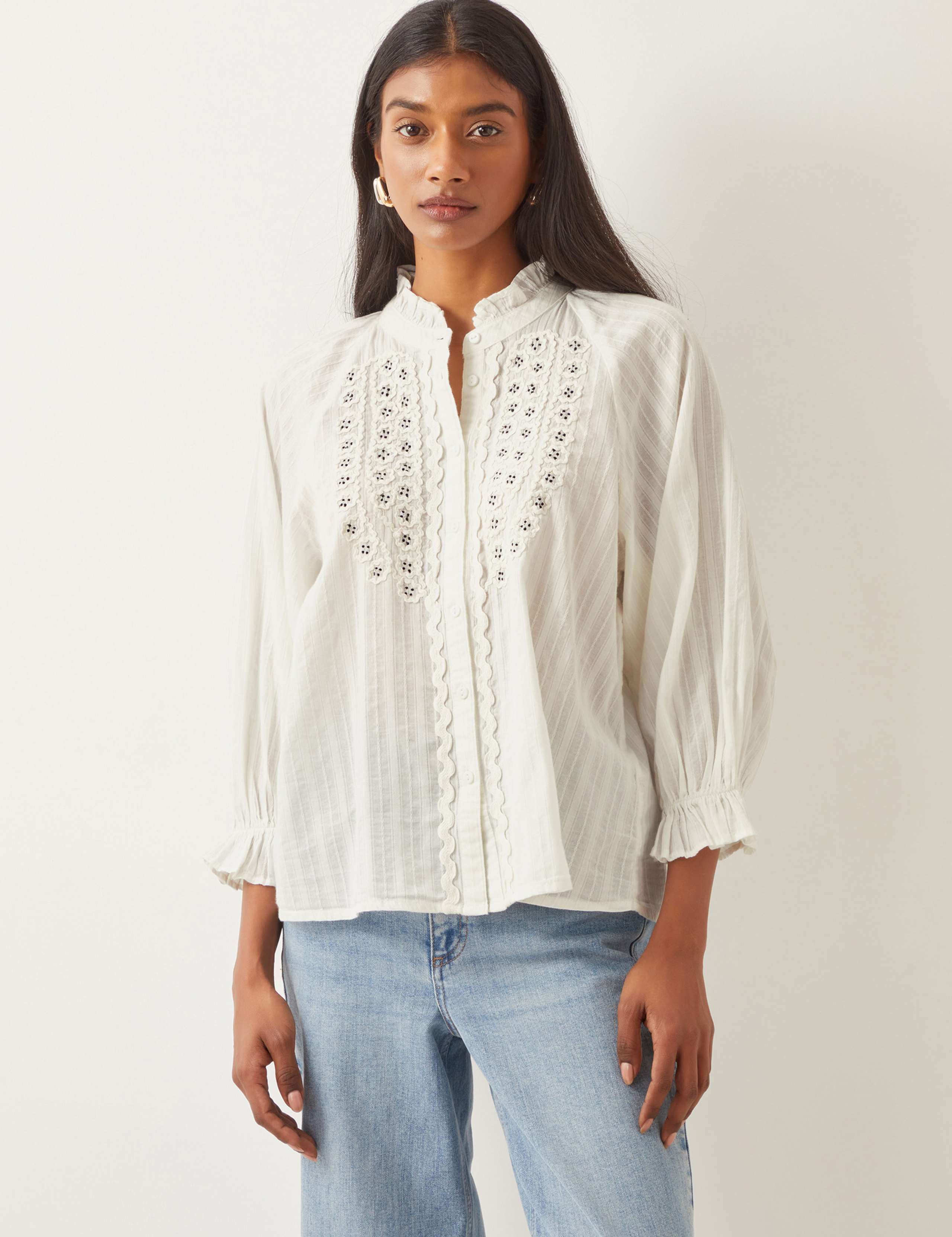 Pure Cotton Embroidered Crew Neck Blouse