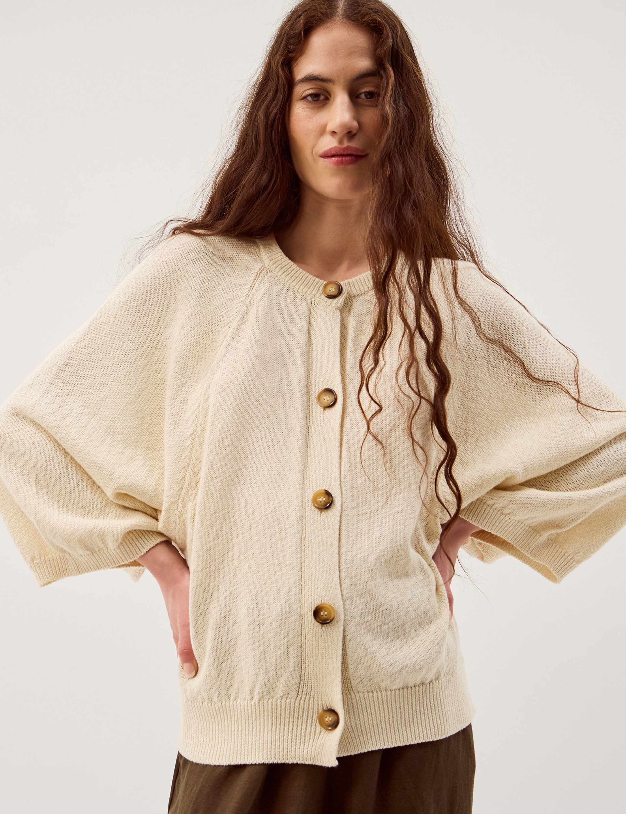 Cotton Rich Textured Crew Neck Cardigan
