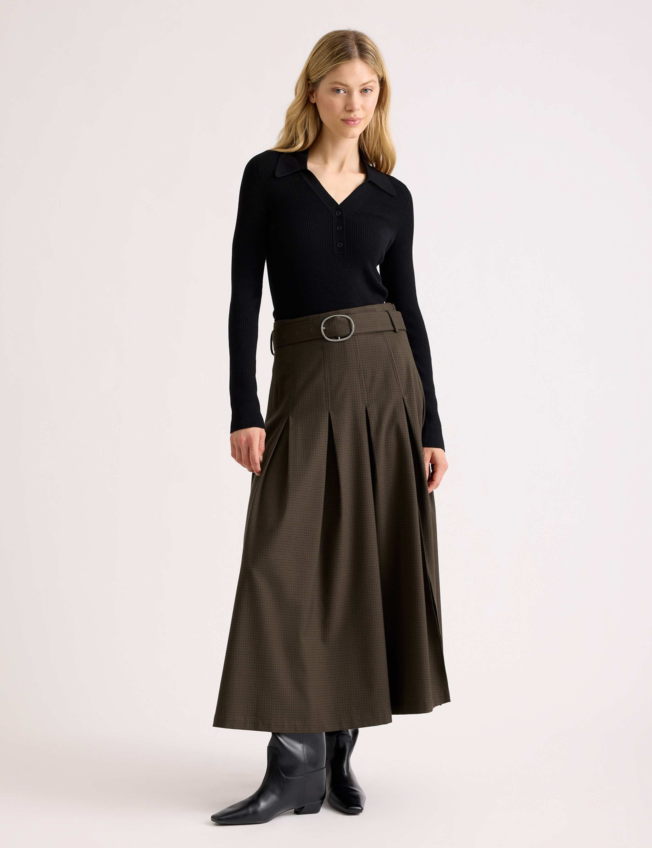 Checked Belted Midi Skirt