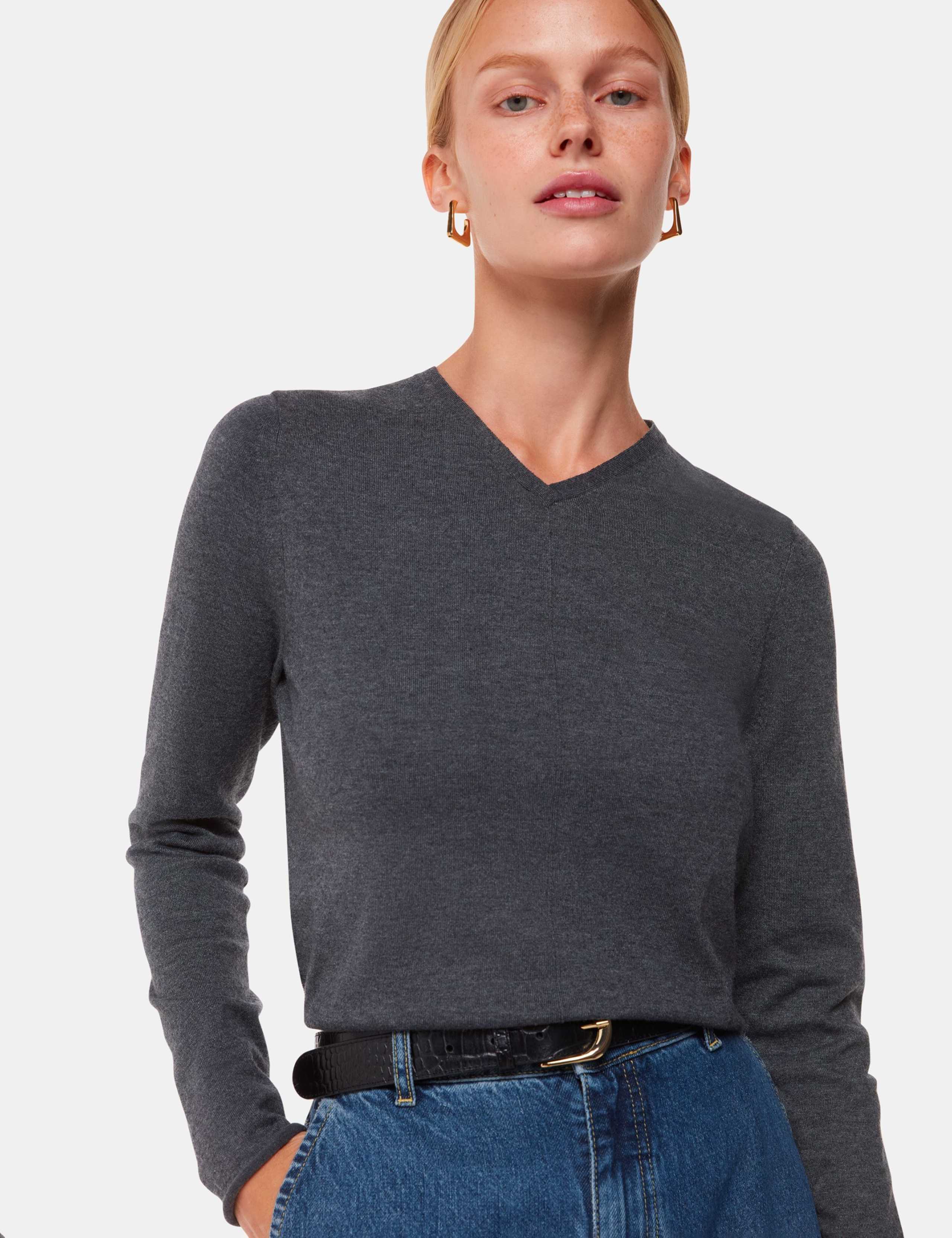 Cotton Blend Ribbed V-Neck Jumper